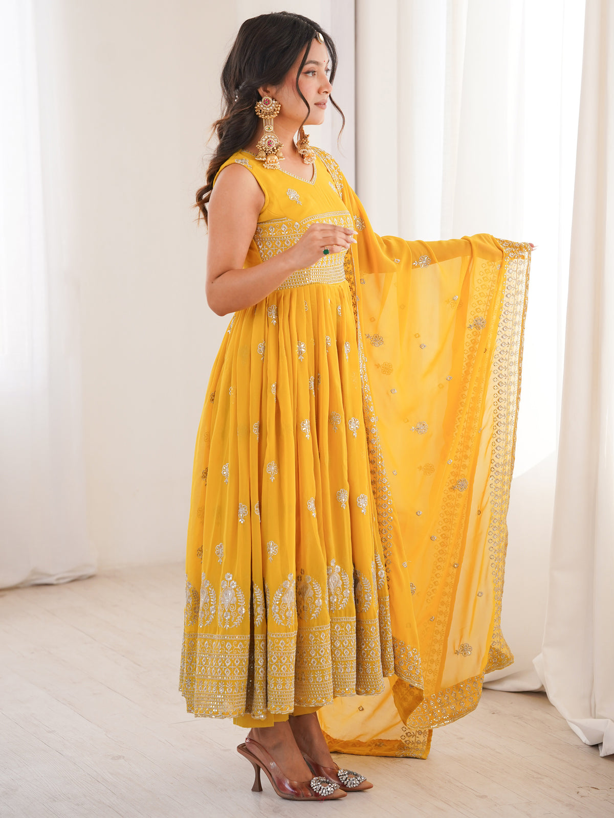 Excellent Mustard Yellow Embroidered Haldi Wear Anarkali Suit
