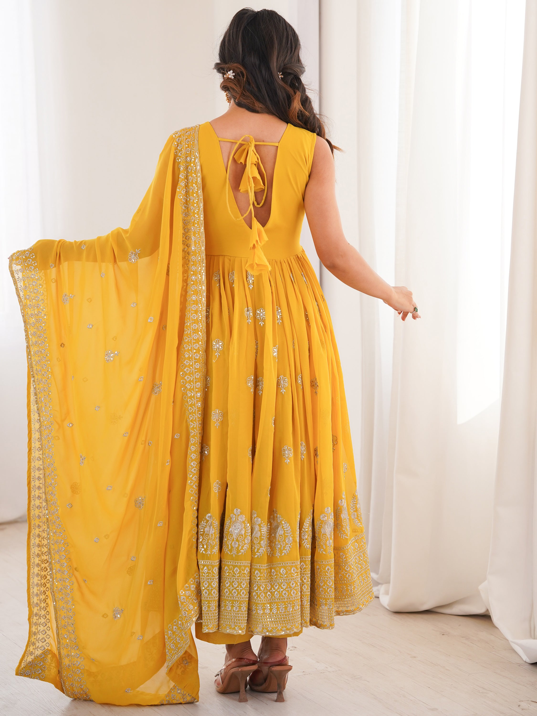 Excellent Mustard Yellow Embroidered Haldi Wear Anarkali Suit