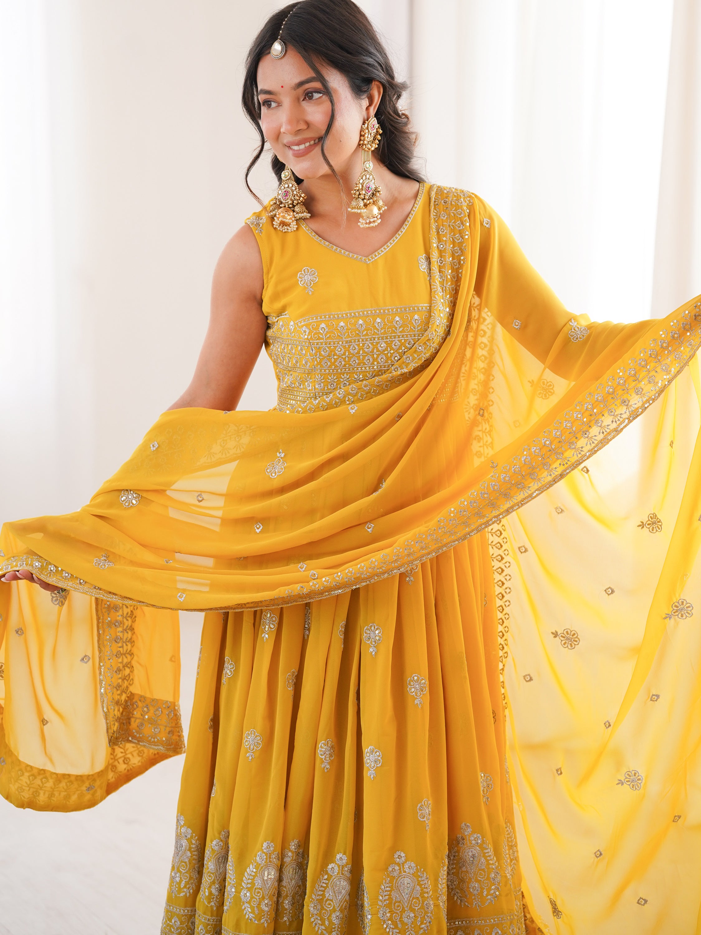 Excellent Mustard Yellow Embroidered Haldi Wear Anarkali Suit