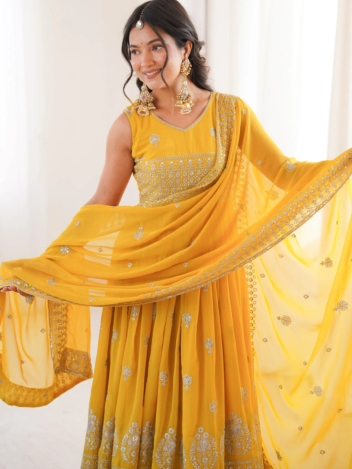 Excellent Mustard Yellow Embroidered Haldi Wear Anarkali Suit