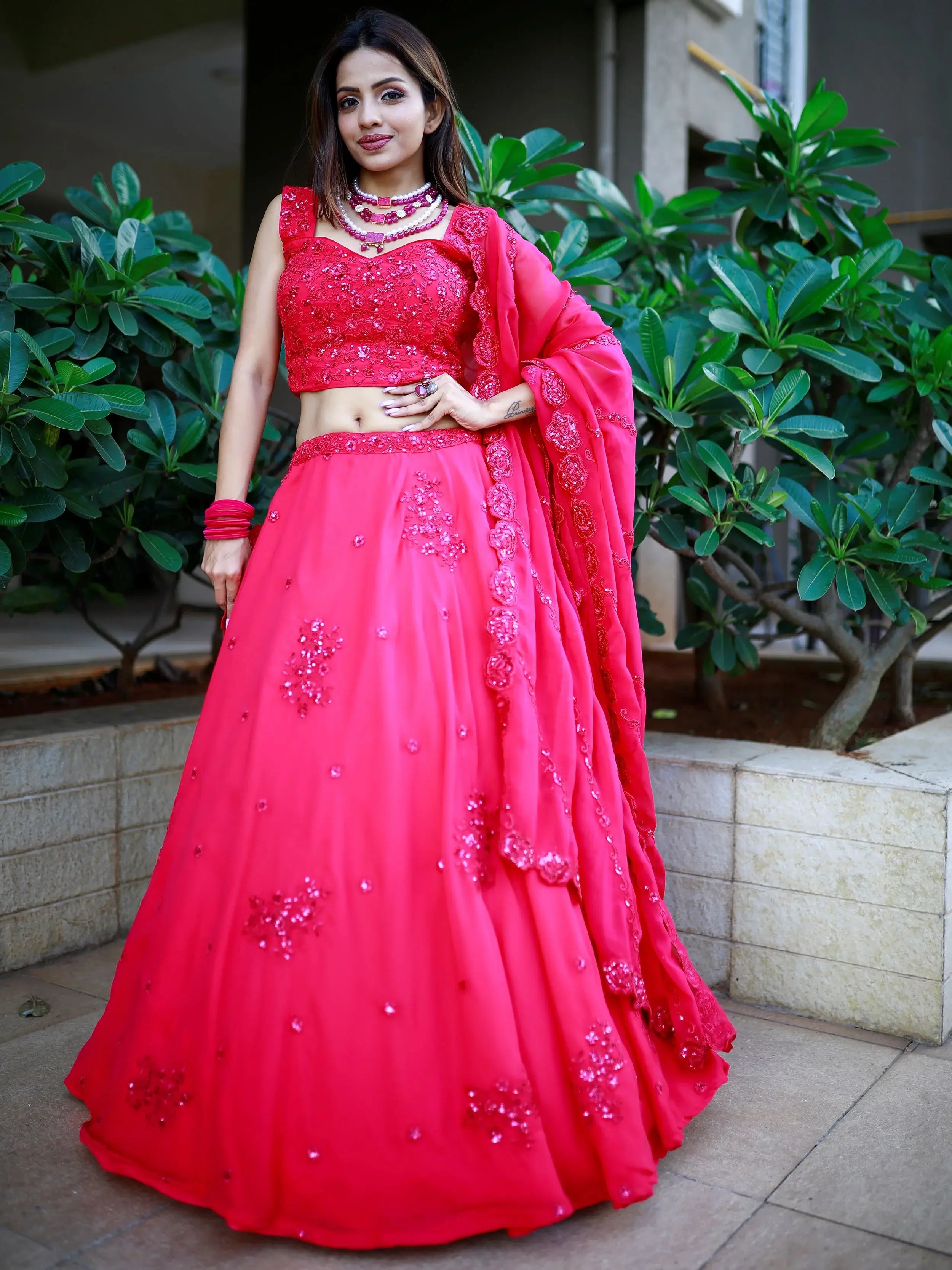 Beautiful Pink Sequins Georgette Wedding Lehenga Choli With Dupatta