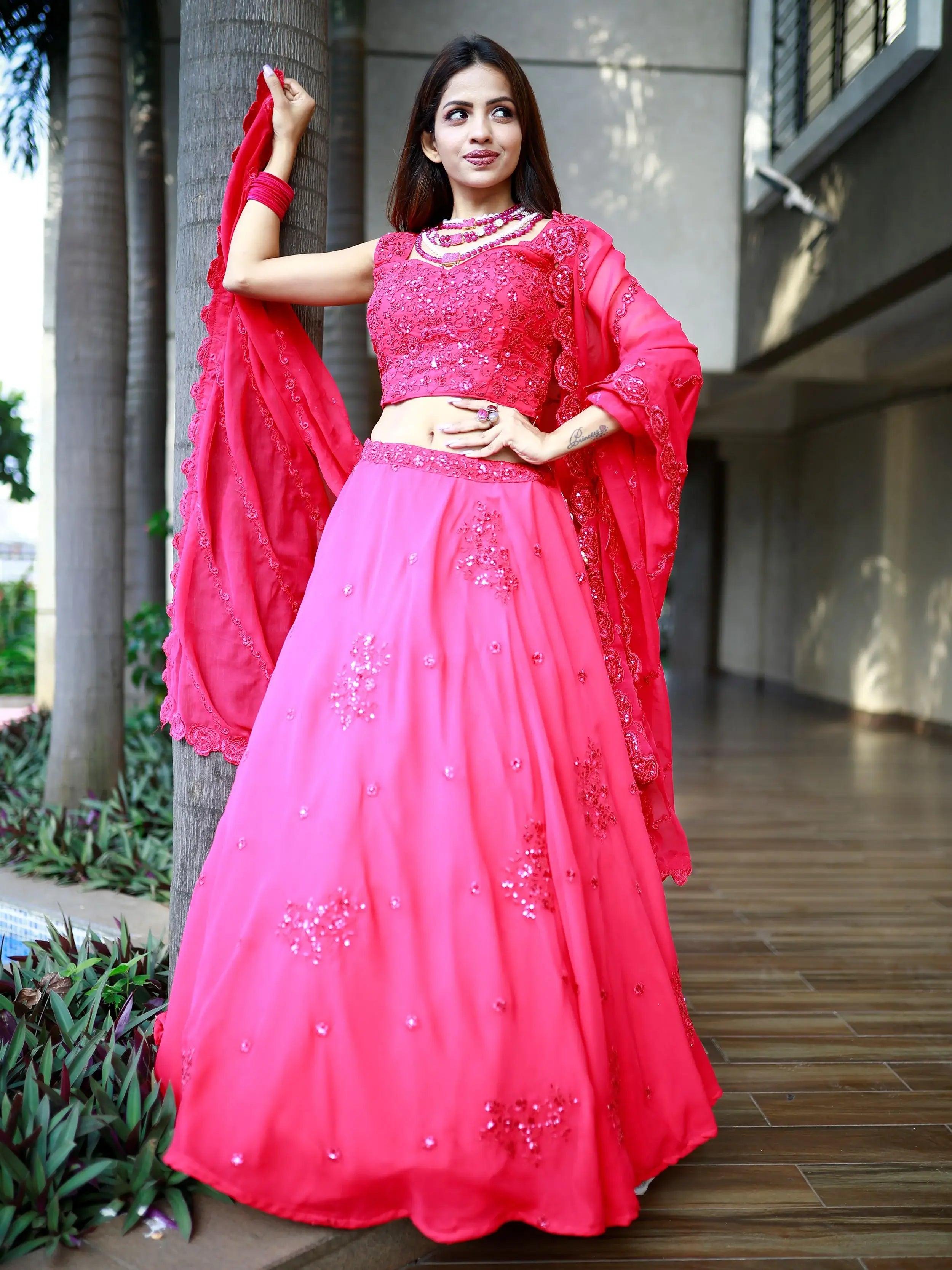 Beautiful Pink Sequins Georgette Wedding Lehenga Choli With Dupatta