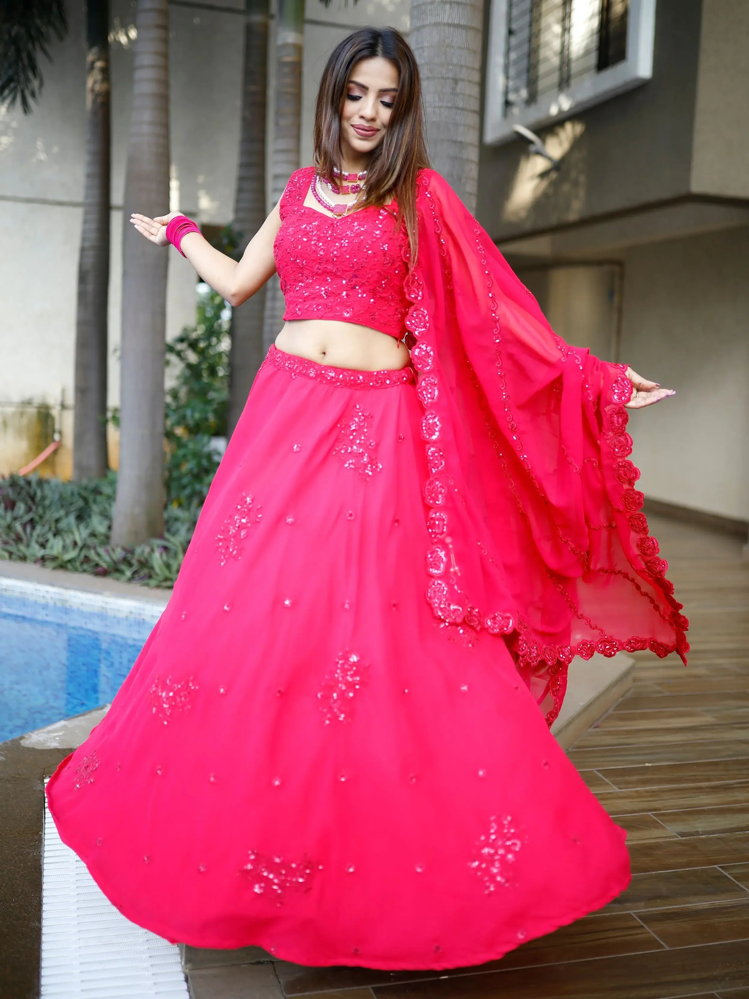 Beautiful Pink Sequins Georgette Wedding Lehenga Choli With Dupatta