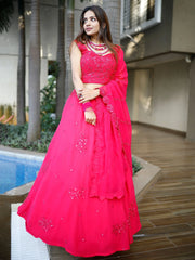 Beautiful Pink Sequins Georgette Wedding Lehenga Choli With Dupatta