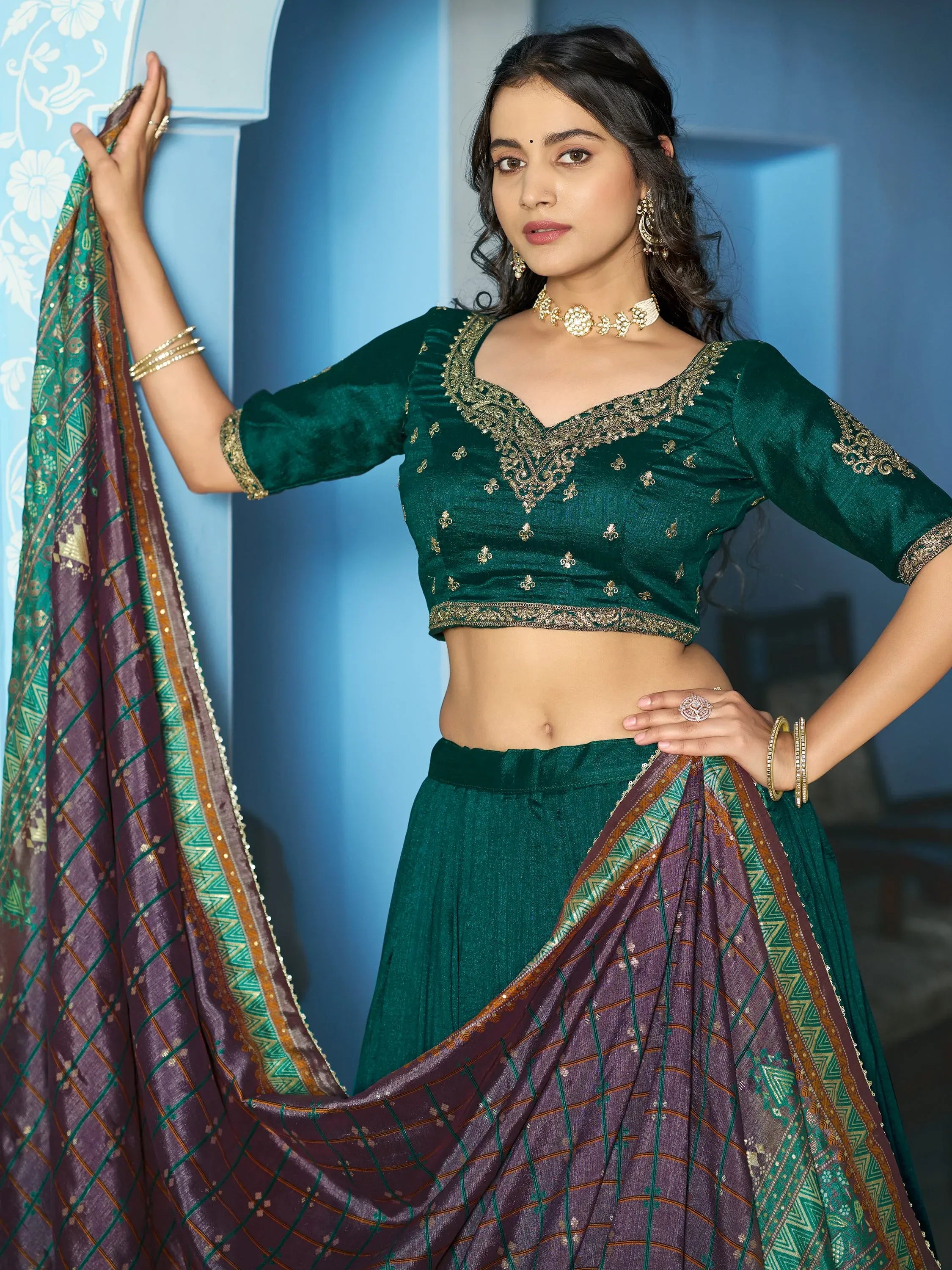 Attractive Teal Green Embroidered Silk Mehendi Wear Lehenga Choli