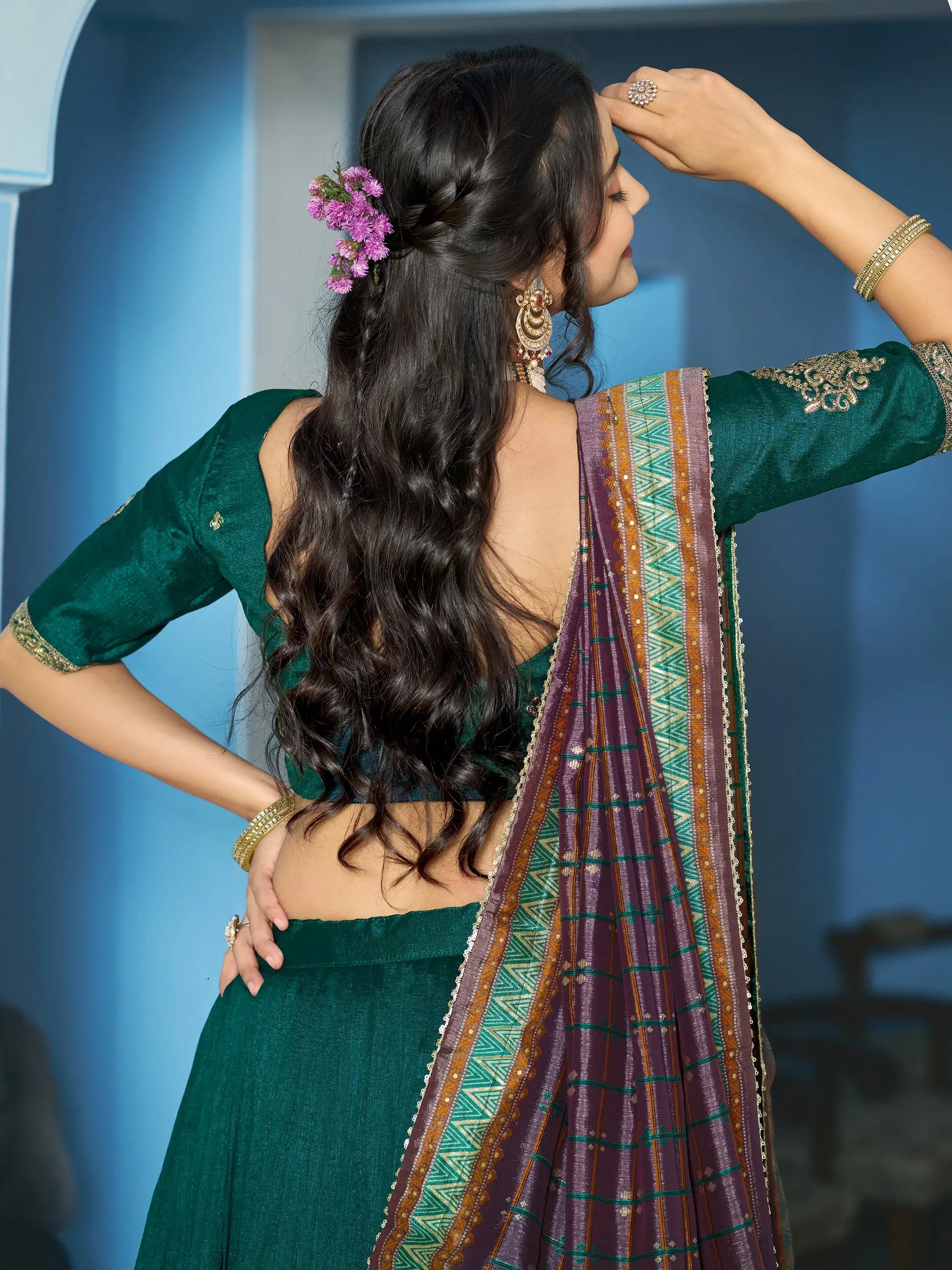 Attractive Teal Green Embroidered Silk Mehendi Wear Lehenga Choli