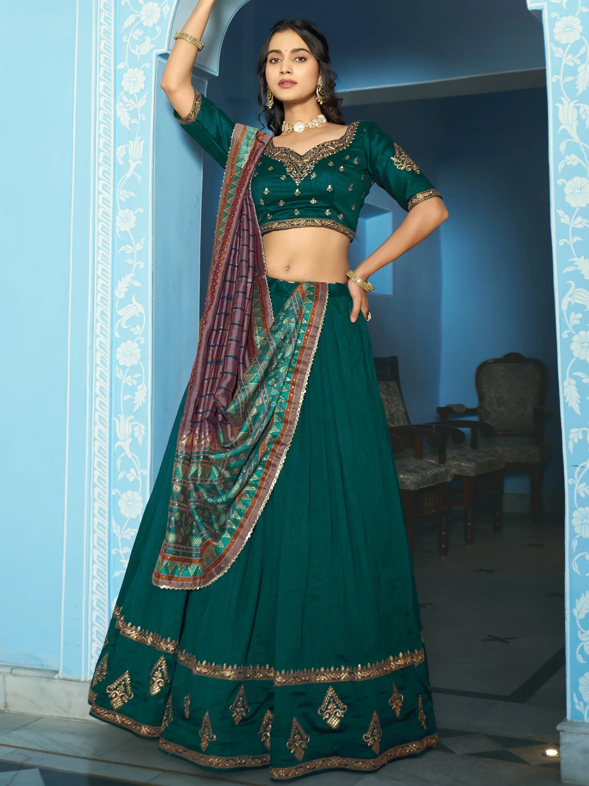 Attractive Teal Green Embroidered Silk Mehendi Wear Lehenga Choli