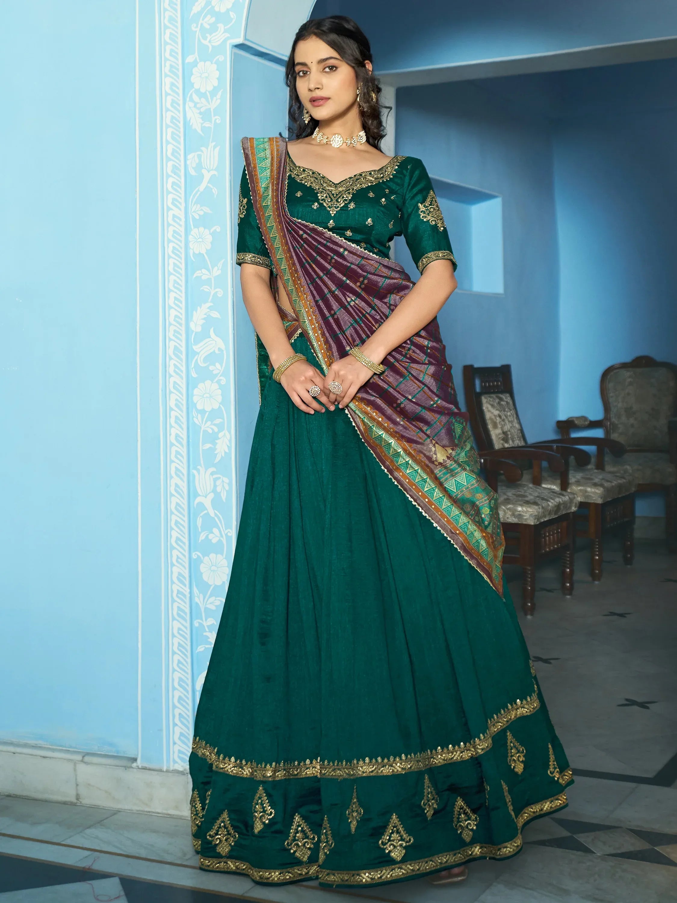 Attractive Teal Green Embroidered Silk Mehendi Wear Lehenga Choli