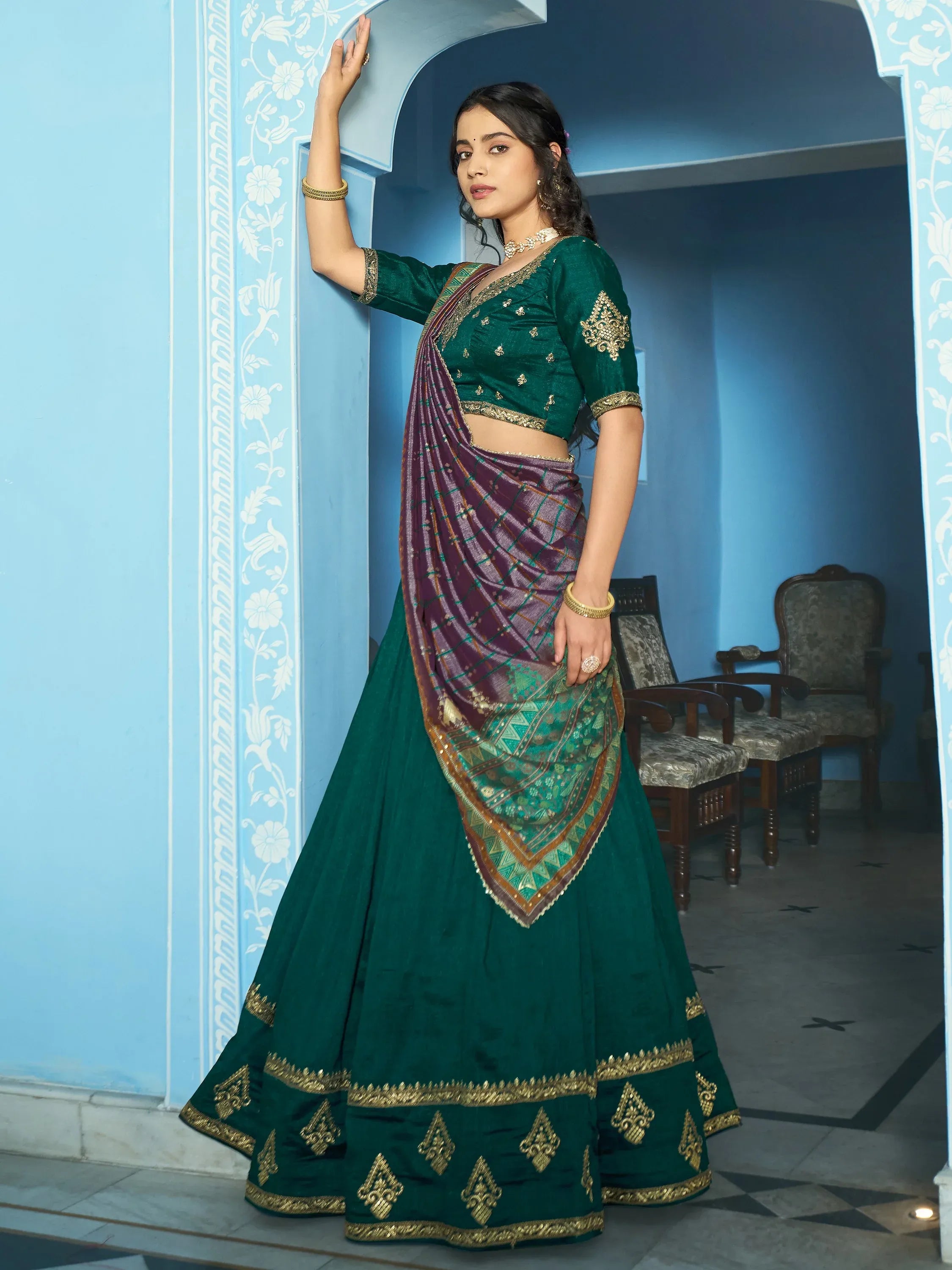 Attractive Teal Green Embroidered Silk Mehendi Wear Lehenga Choli