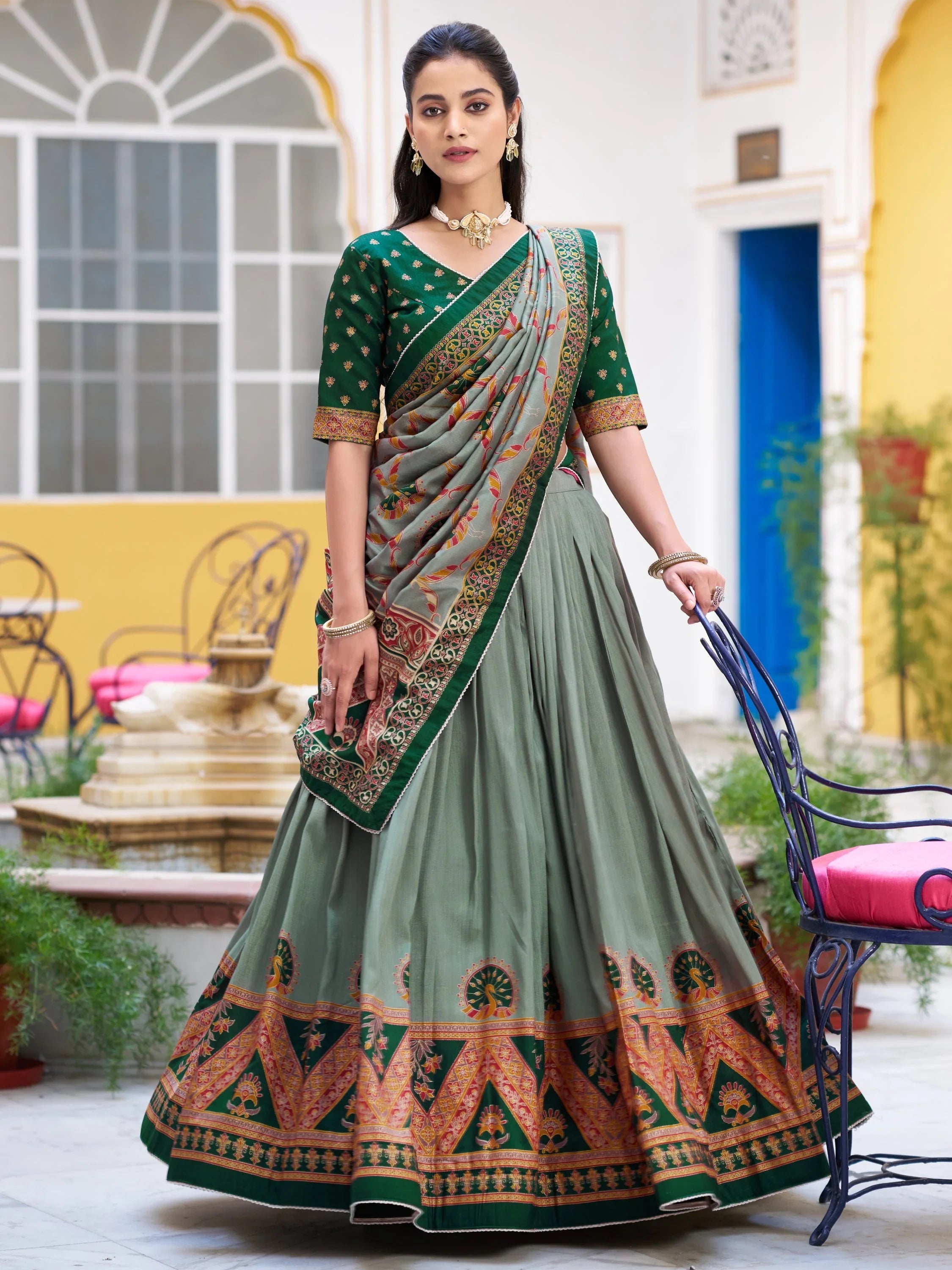 Precious Green Lace Border Silk Mehendi Wear Lehenga Choli With Dupatta