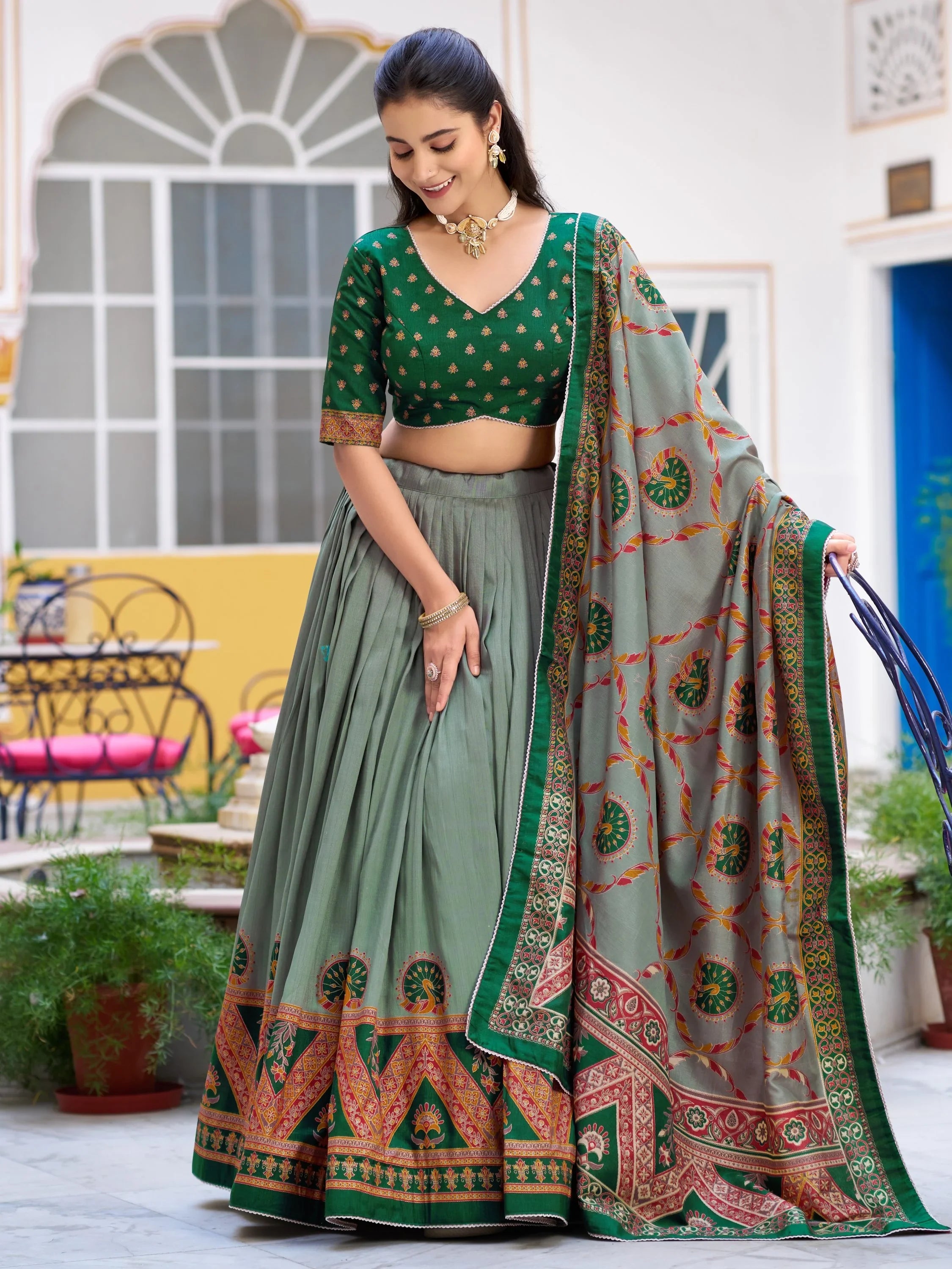 Precious Green Lace Border Silk Mehendi Wear Lehenga Choli With Dupatta