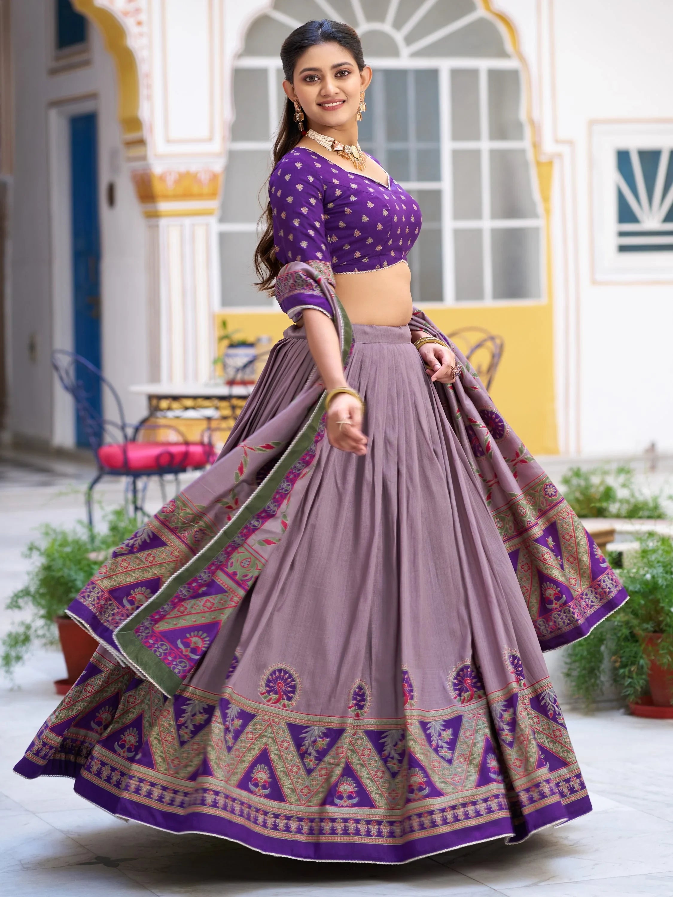 Dazzling Purple Lace Work Silk Function Wear Lehenga With Blouse