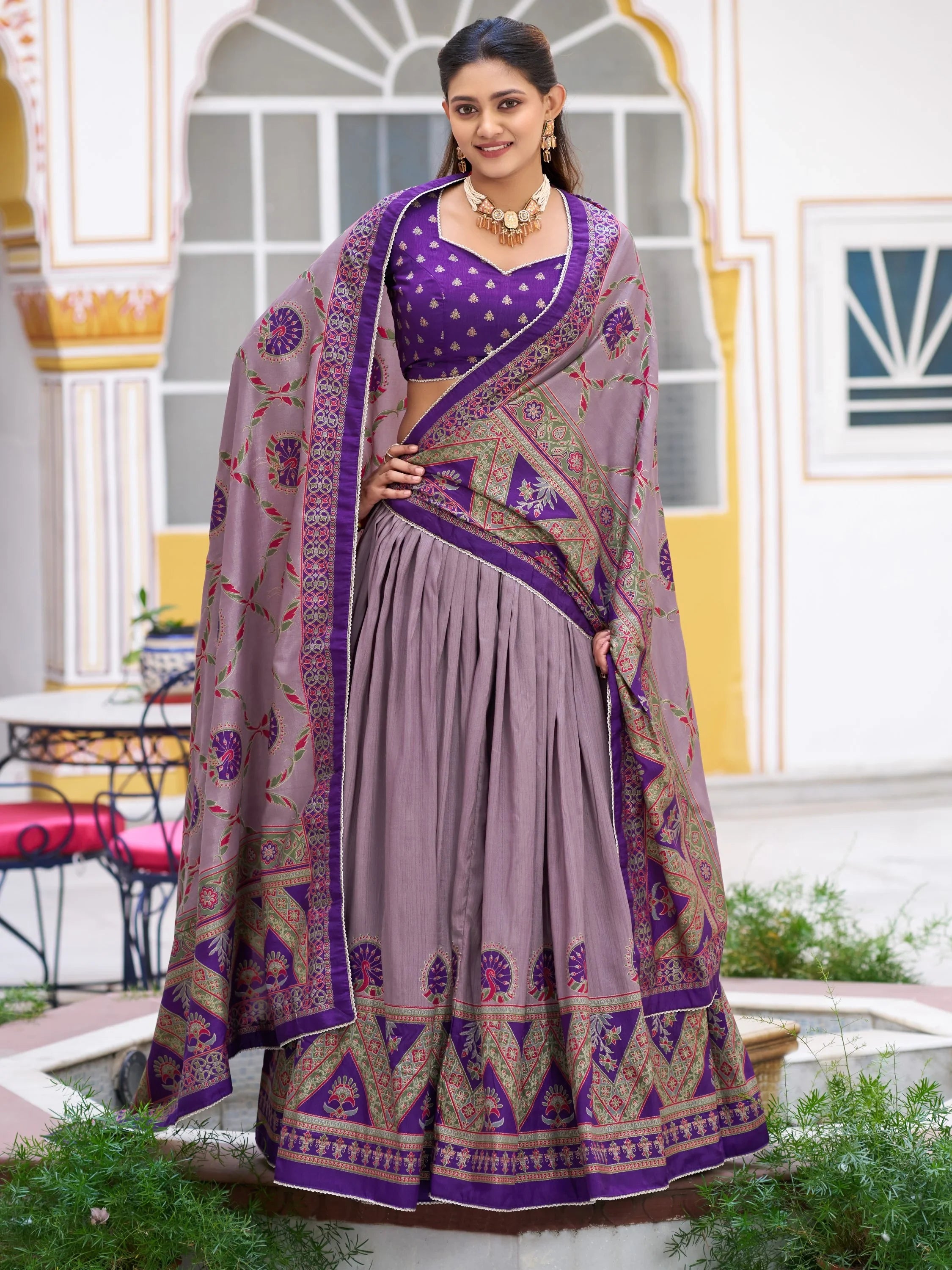 Dazzling Purple Lace Work Silk Function Wear Lehenga With Blouse