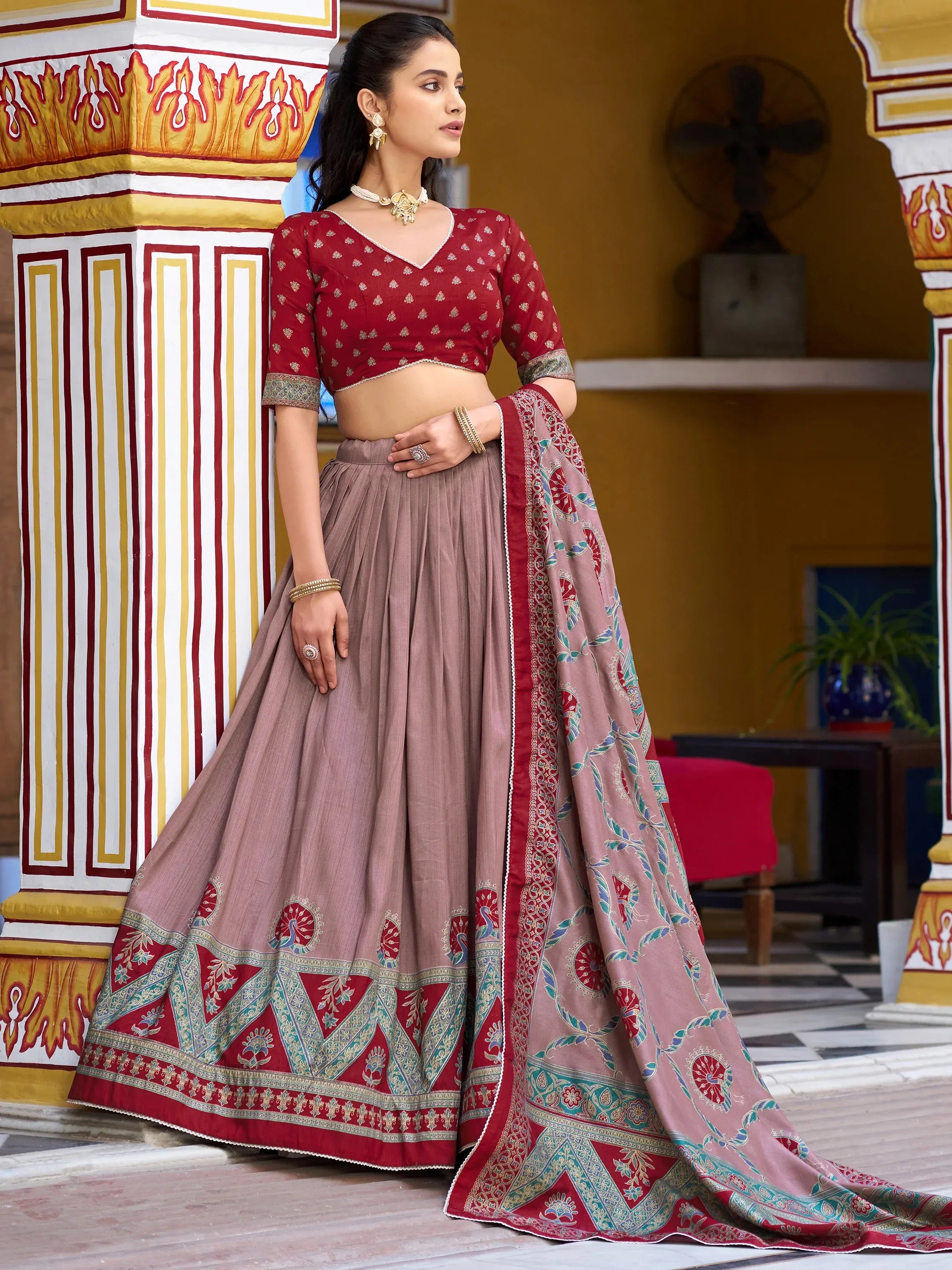 Spectacular Maroon Digital Printed Silk Marriage Wear Lehenga With Choli