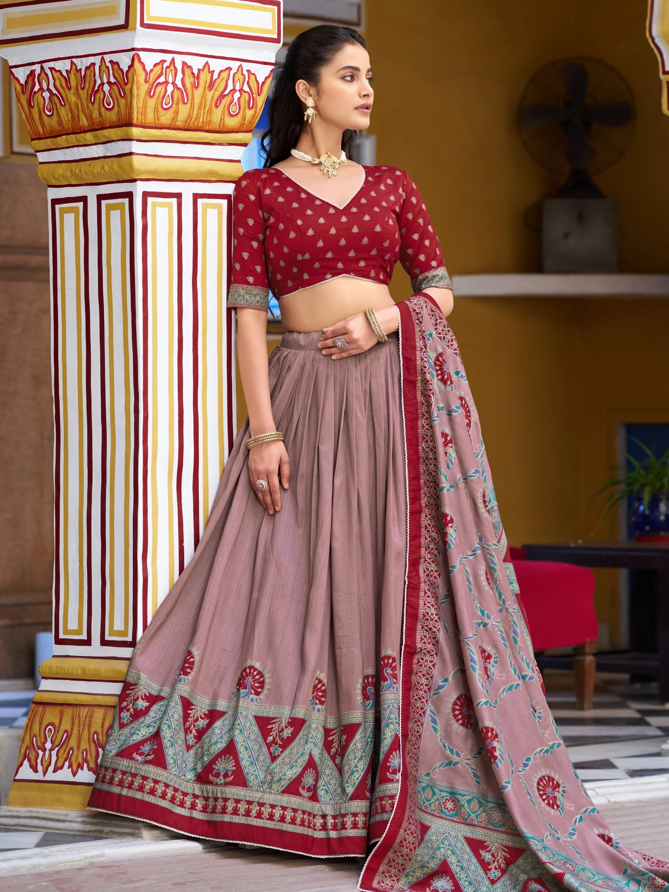 Spectacular Maroon Digital Printed Silk Marriage Wear Lehenga With Choli