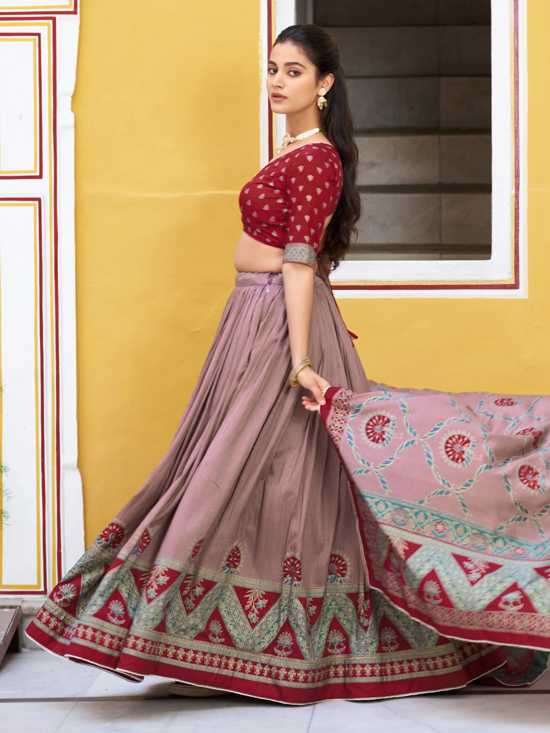 Spectacular Maroon Digital Printed Silk Marriage Wear Lehenga With Choli