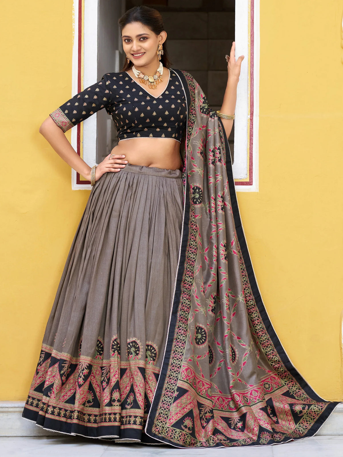 Glorious Black Digital Printed Silk Event Wear Lehenga Choli With Dupatta
