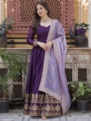 Classic Purple Embroidered Georgette Wedding Wear Gown With Dupatta