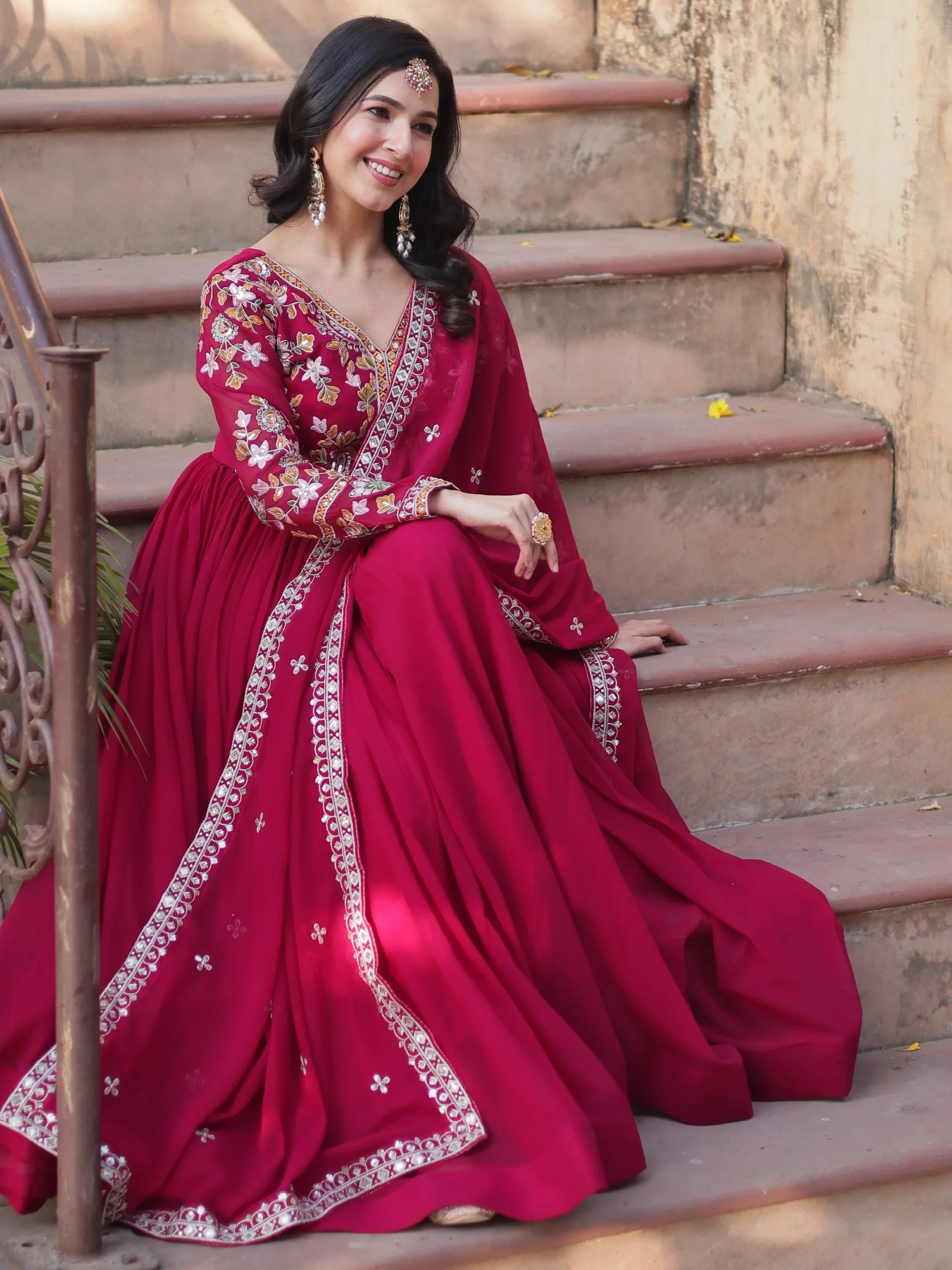 Noteworthy Pink Floral Work Georgette Engagement Wear Gown With Dupatta