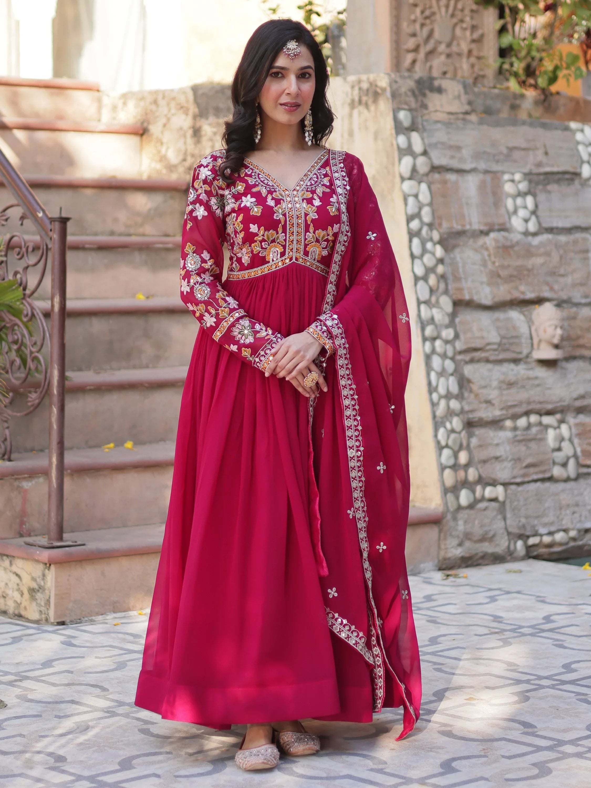 Noteworthy Pink Floral Work Georgette Engagement Wear Gown With Dupatta