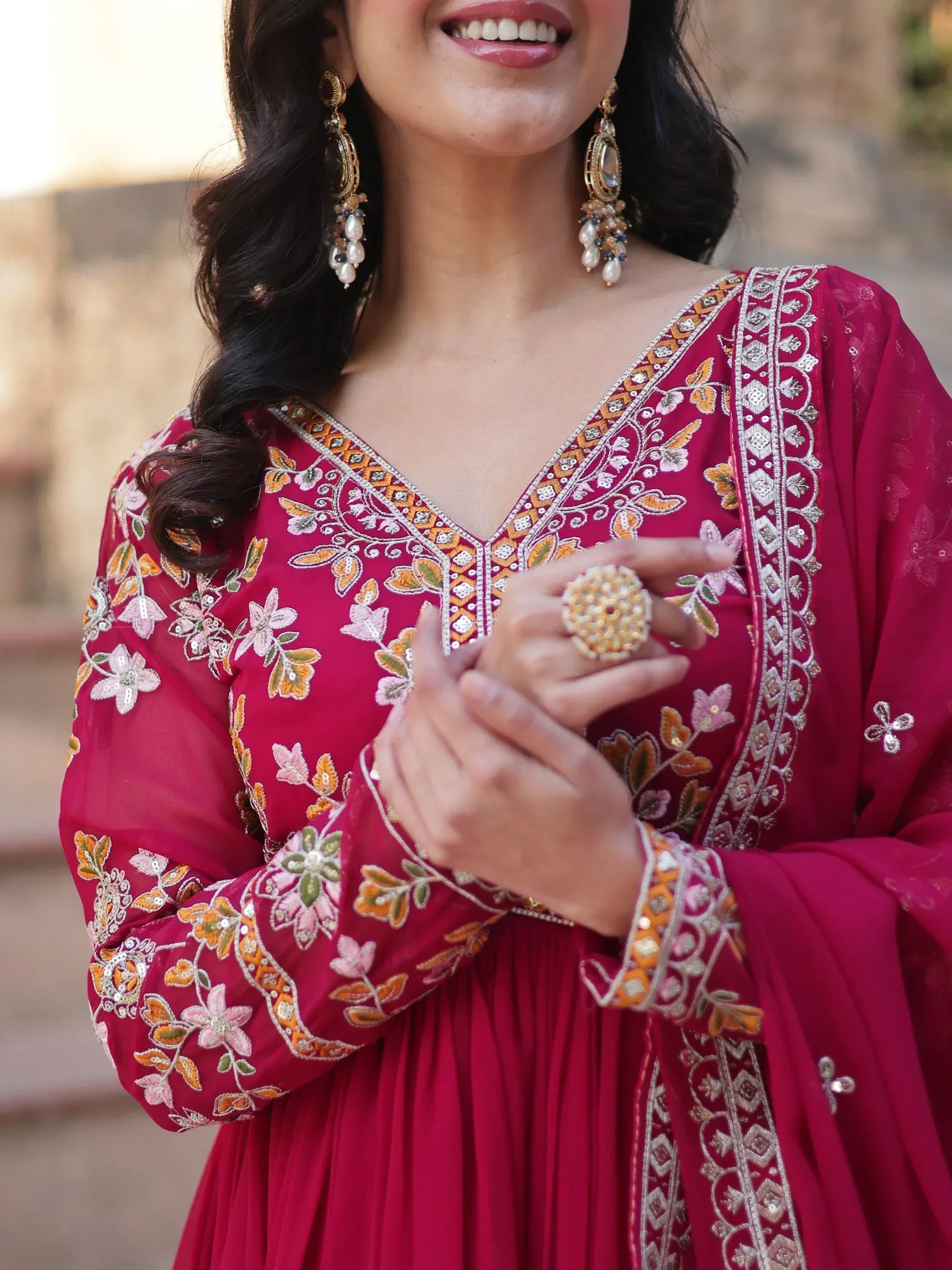 Noteworthy Pink Floral Work Georgette Engagement Wear Gown With Dupatta