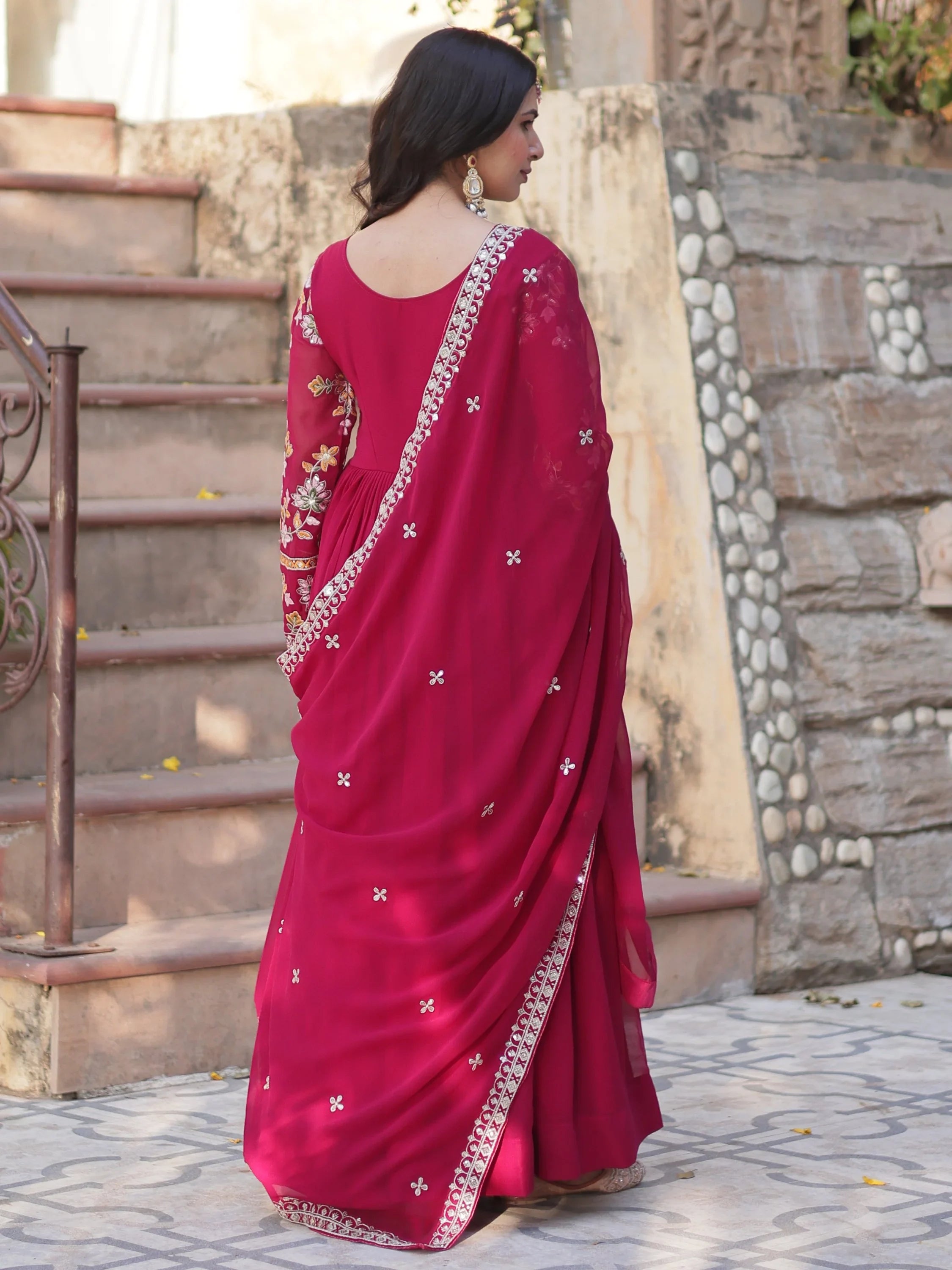 Noteworthy Pink Floral Work Georgette Engagement Wear Gown With Dupatta