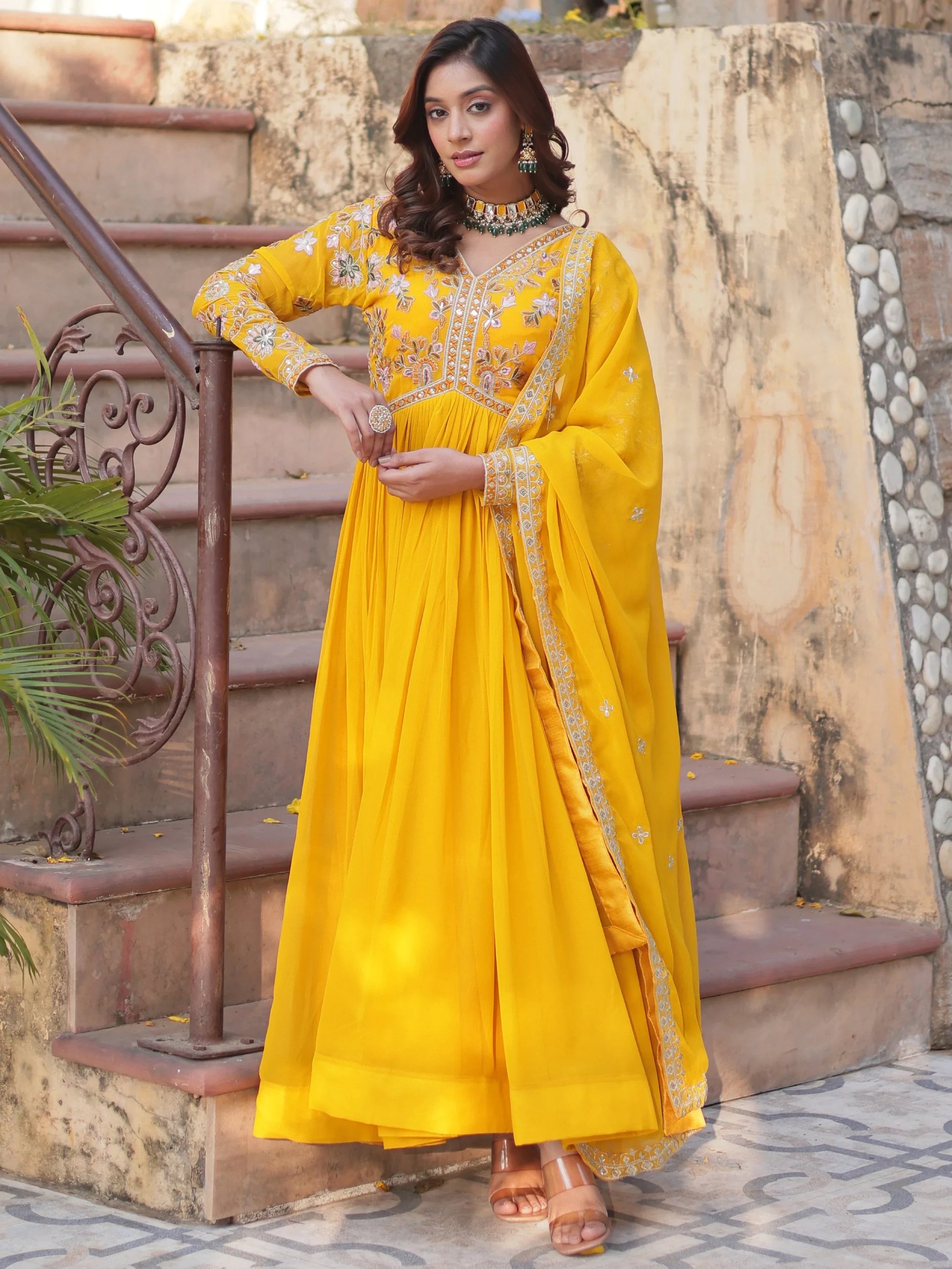 Artistic Yellow Thread Work Georgette Haldi Wear Gown With Dupatta