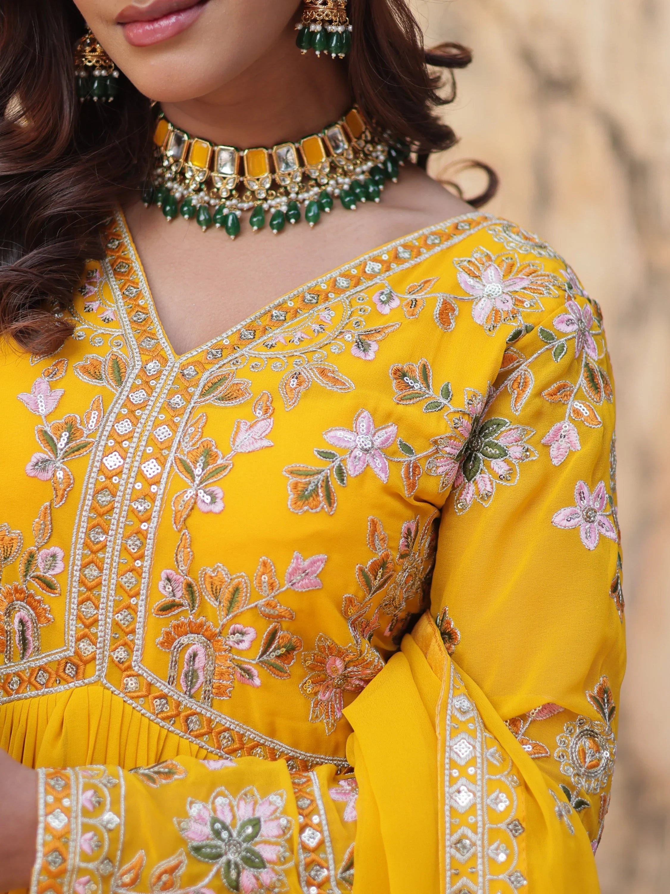 Artistic Yellow Thread Work Georgette Haldi Wear Gown With Dupatta