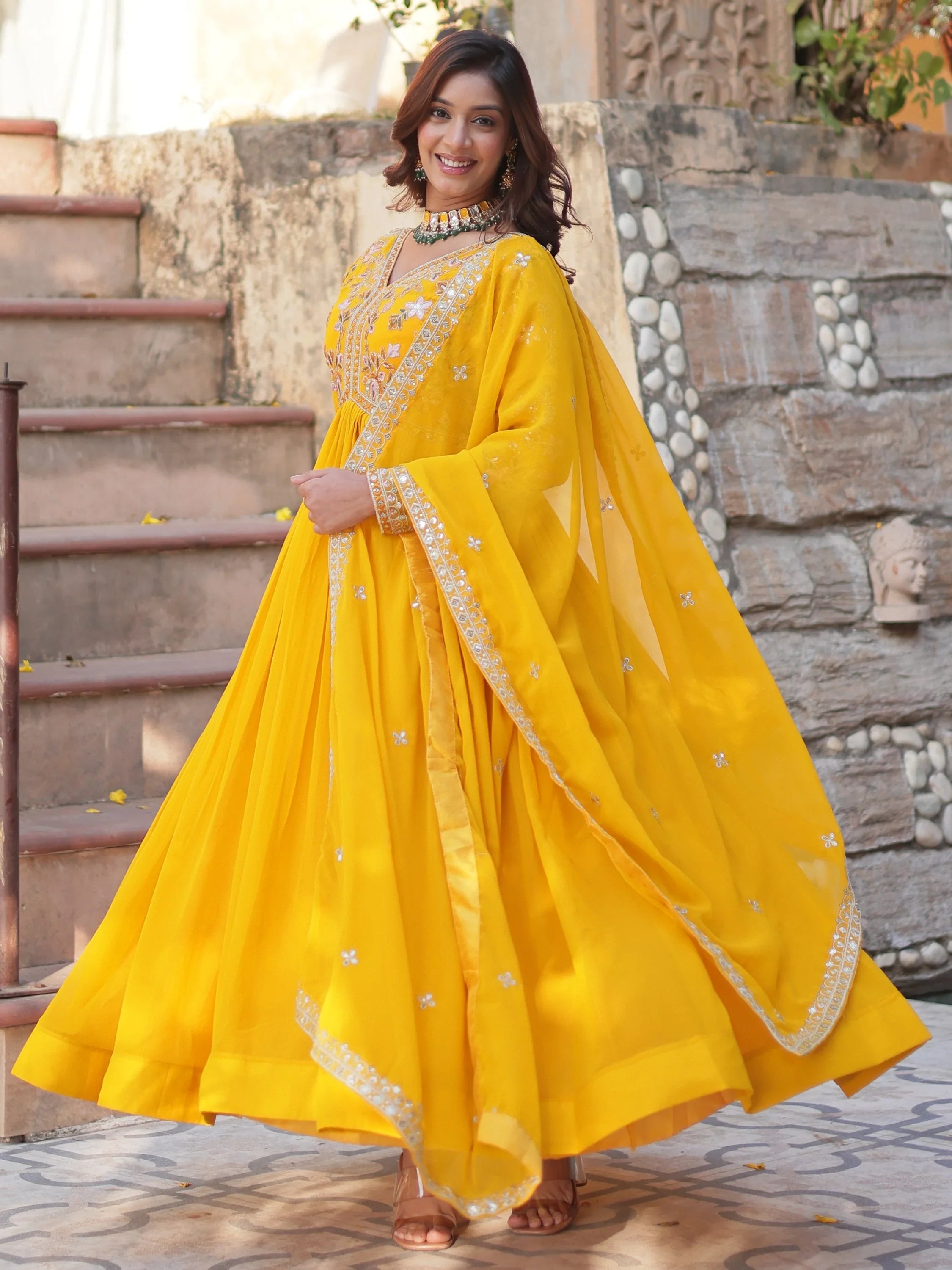 Artistic Yellow Thread Work Georgette Haldi Wear Gown With Dupatta