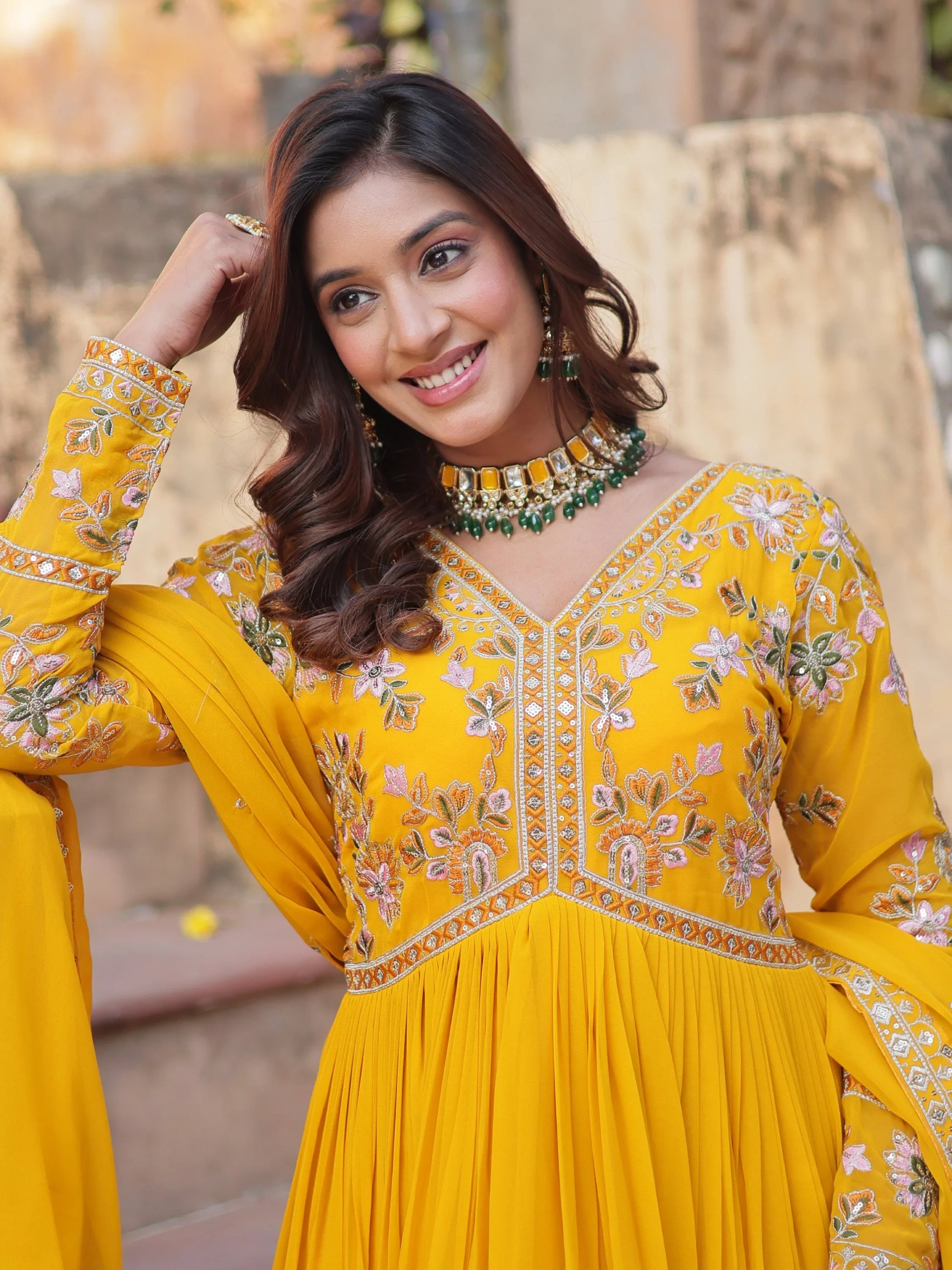 Artistic Yellow Thread Work Georgette Haldi Wear Gown With Dupatta