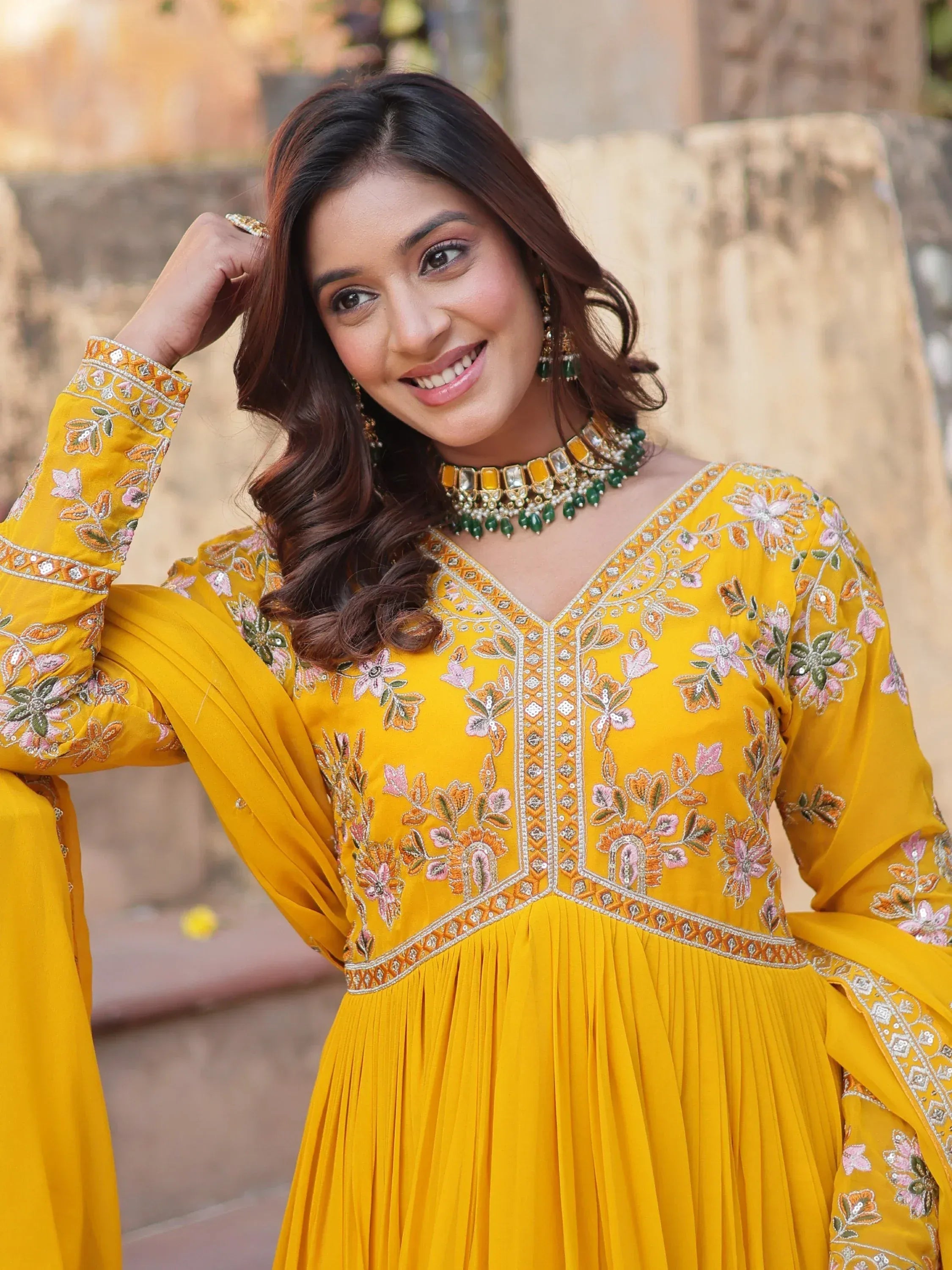 Artistic Yellow Thread Work Georgette Haldi Wear Gown With Dupatta