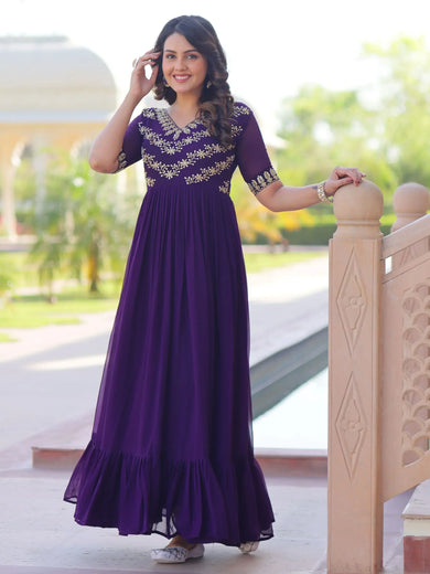 Pretty Purple Georgette Beads Work Festival Wear Gown