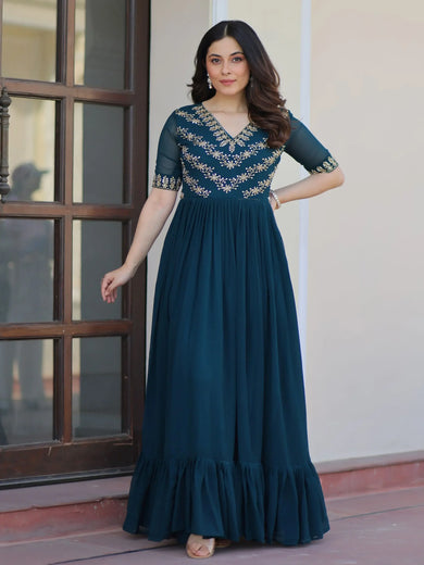 Precious Rama Blue Georgette Embroidered Traditional Gown
