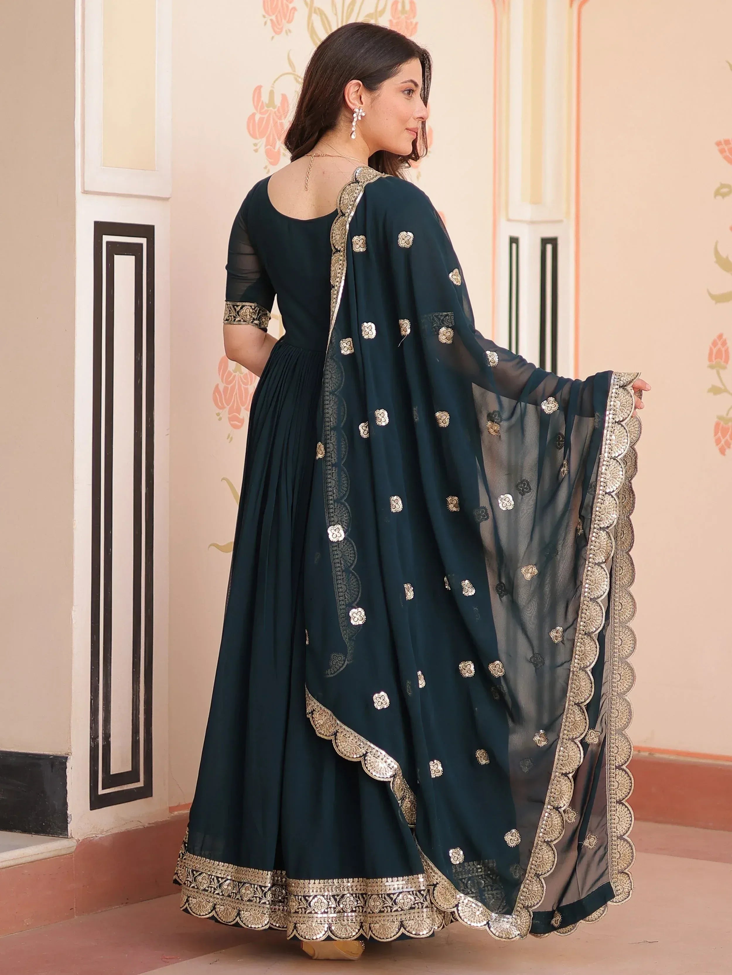 Dark green embroidered anarkali with gold detailing and sheer dupatta, Indian ethnic wear