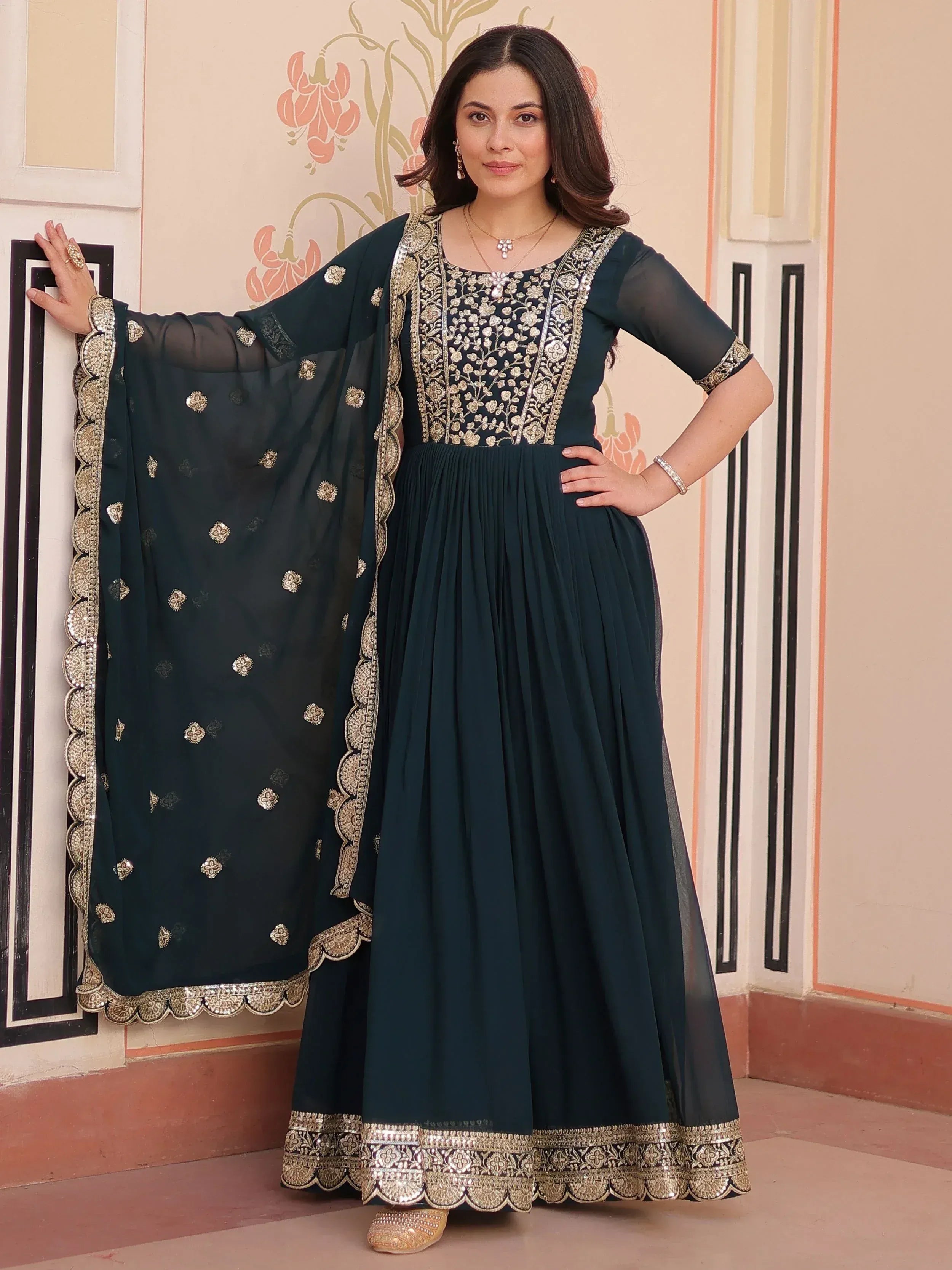 Dark green embroidered anarkali suit with gold detailing and matching dupatta, Indian ethnic wear