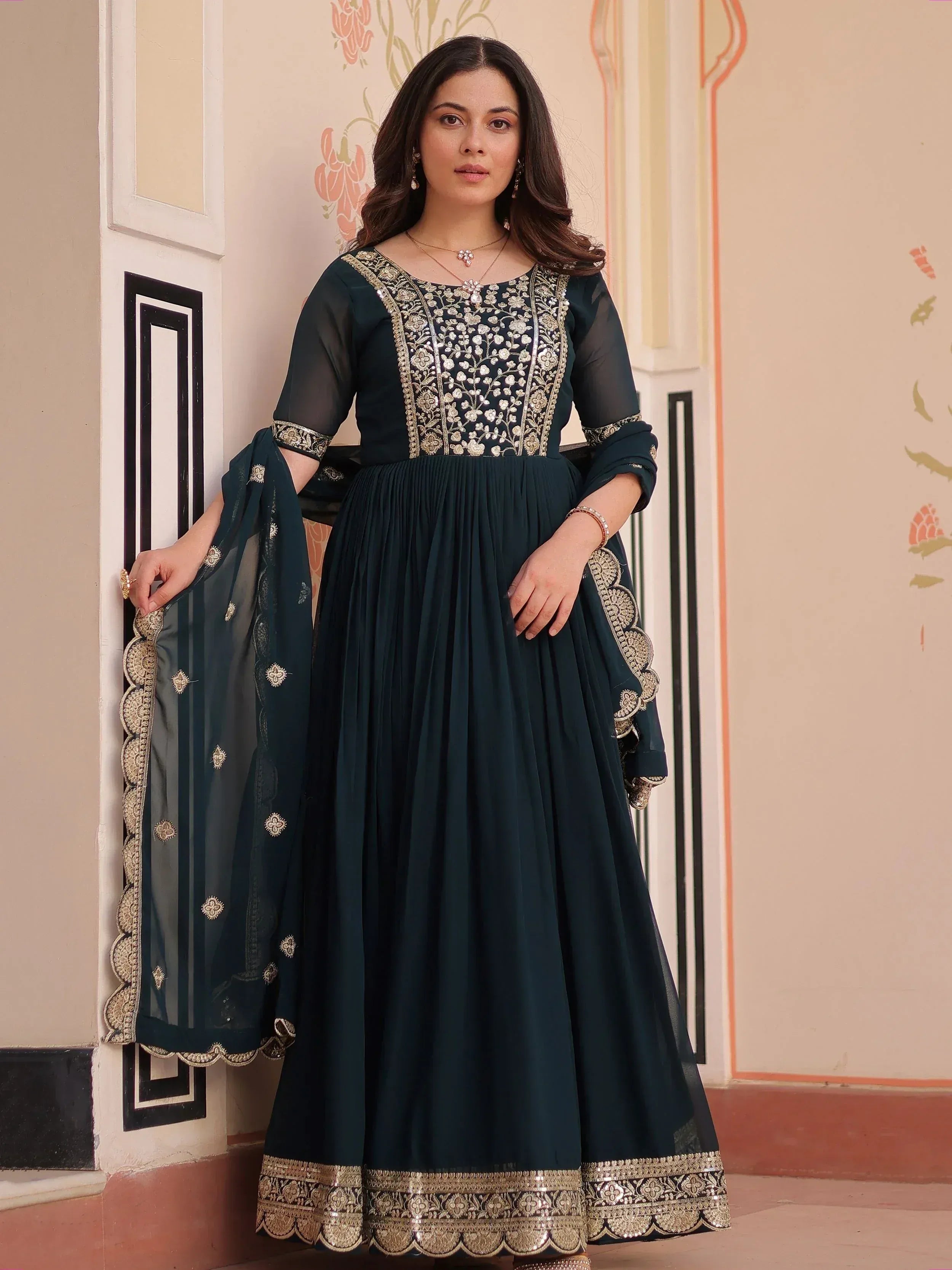 Dark green embroidered anarkali suit with gold detailing and matching dupatta, Indian ethnic wear