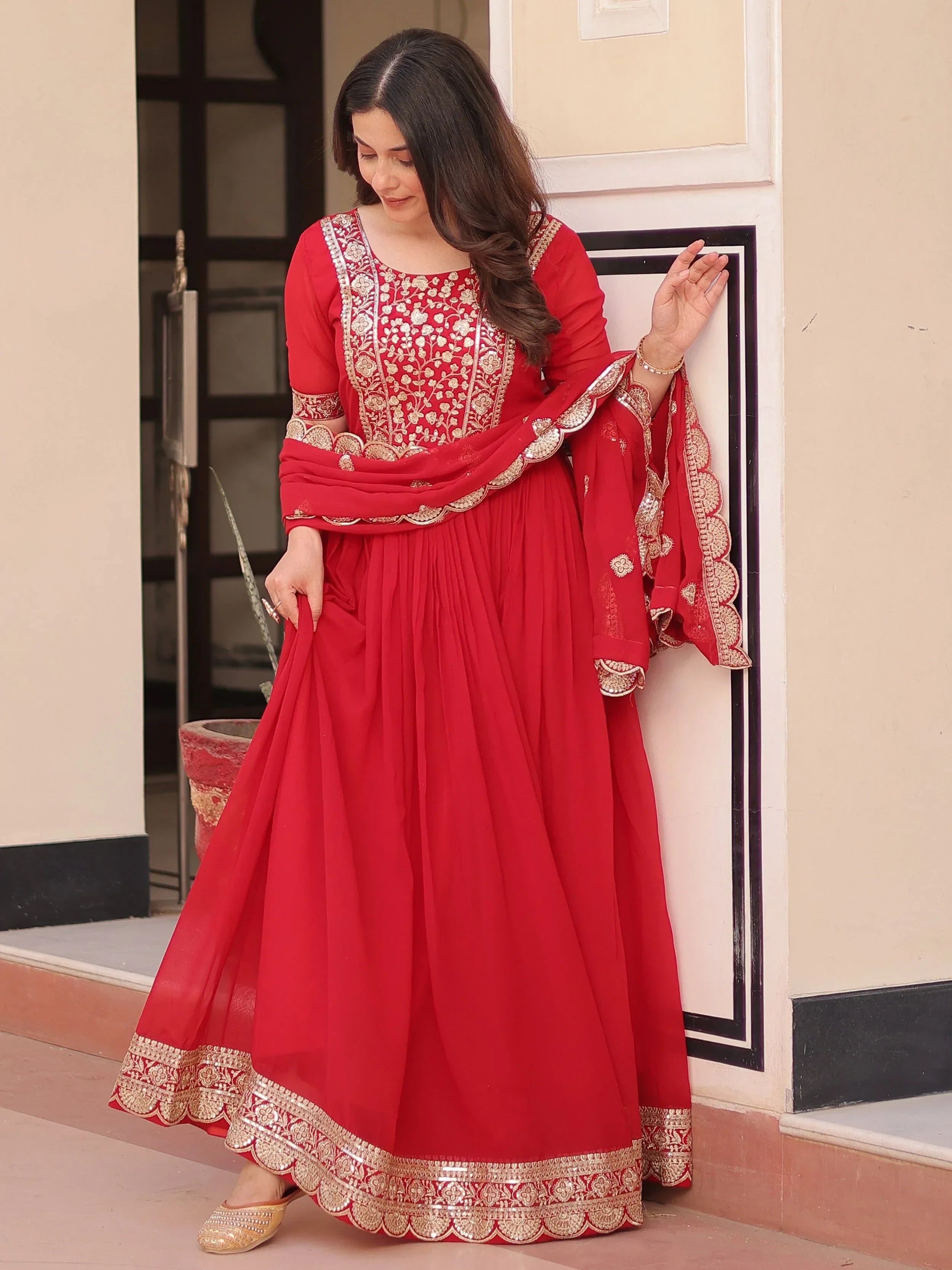 Artistic Red Georgette Zari Embroidered Reception Wear Gown