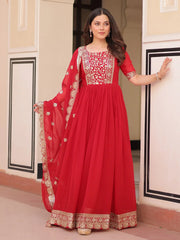 Artistic Red Georgette Zari Embroidered Reception Wear Gown