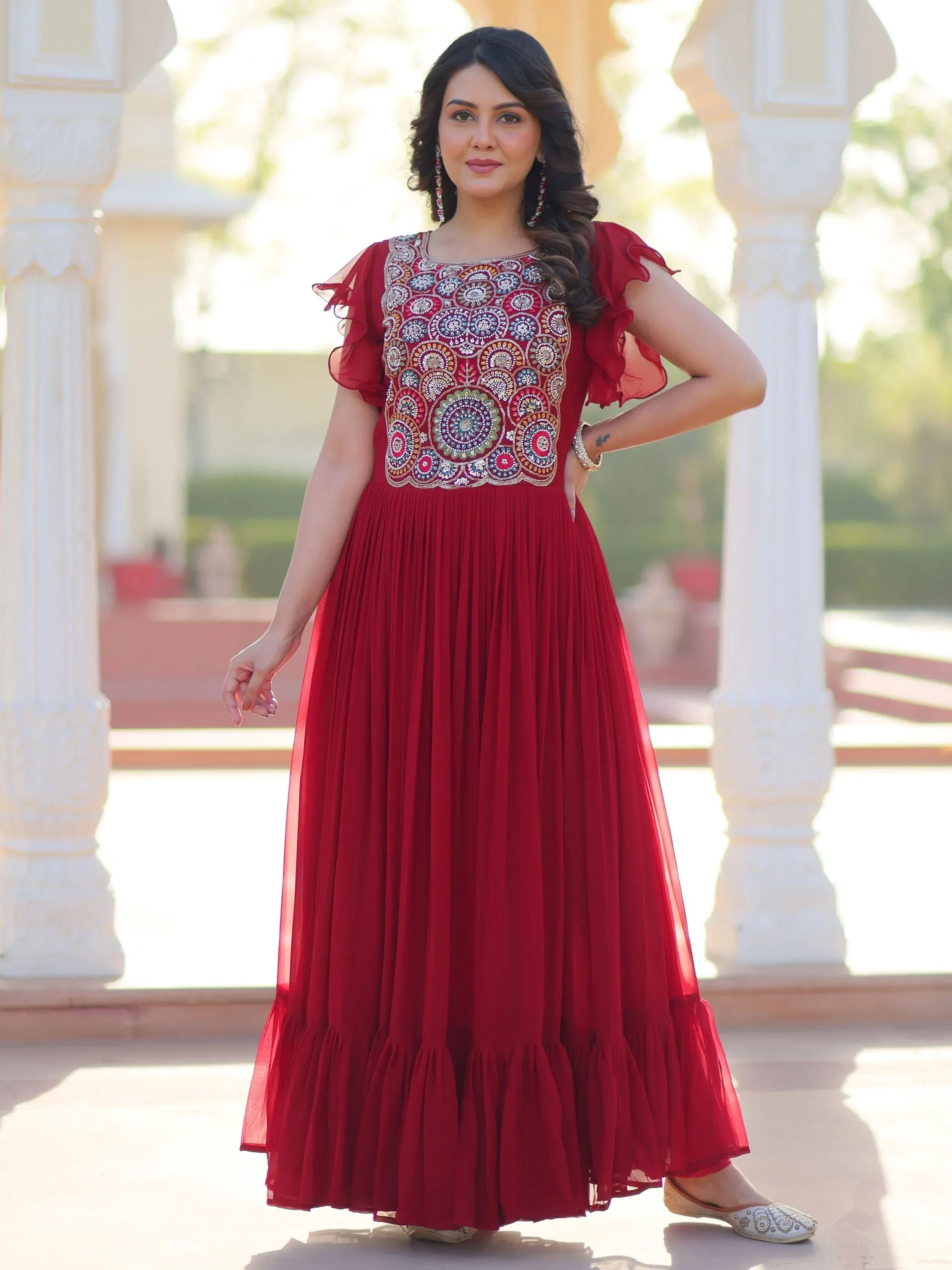 Mesmerizing Red Georgette Beads Embroidered Traditional Gown