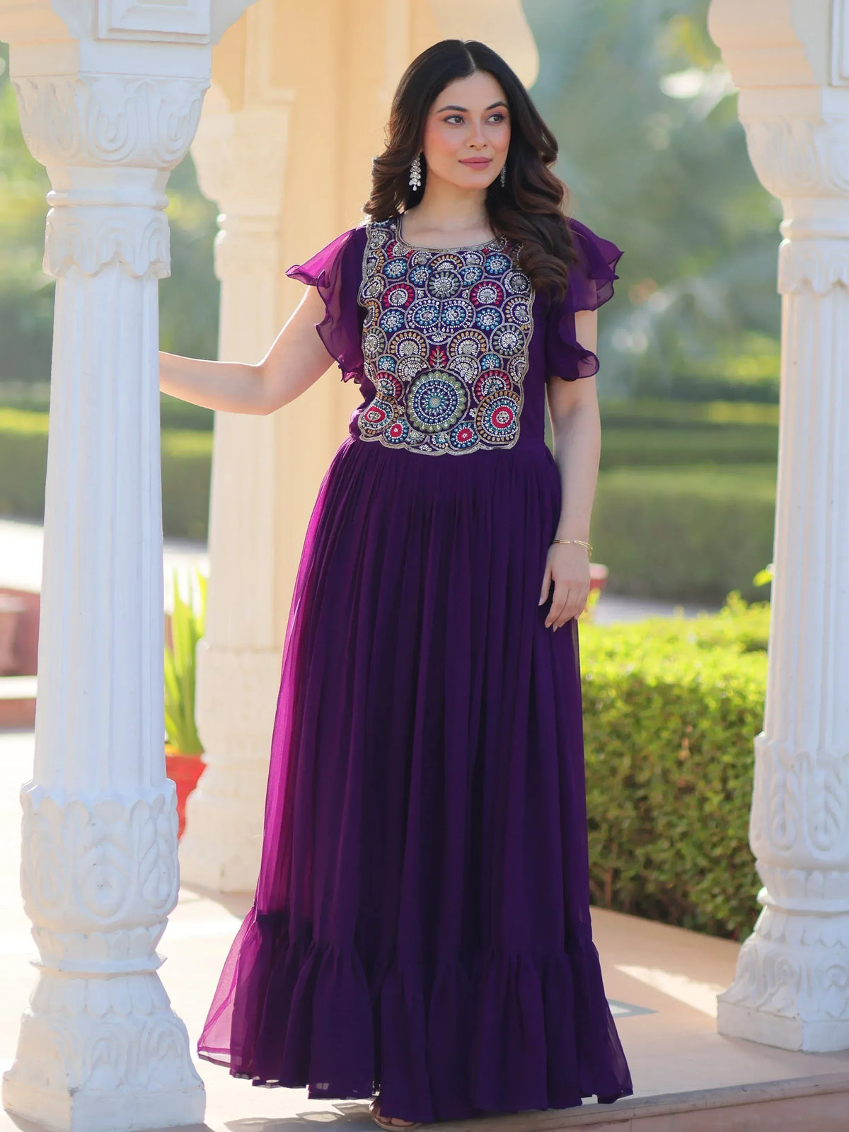 Purple ethnic gown with embroidered bodice and ruffle sleeves, perfect for Indian festive occasions