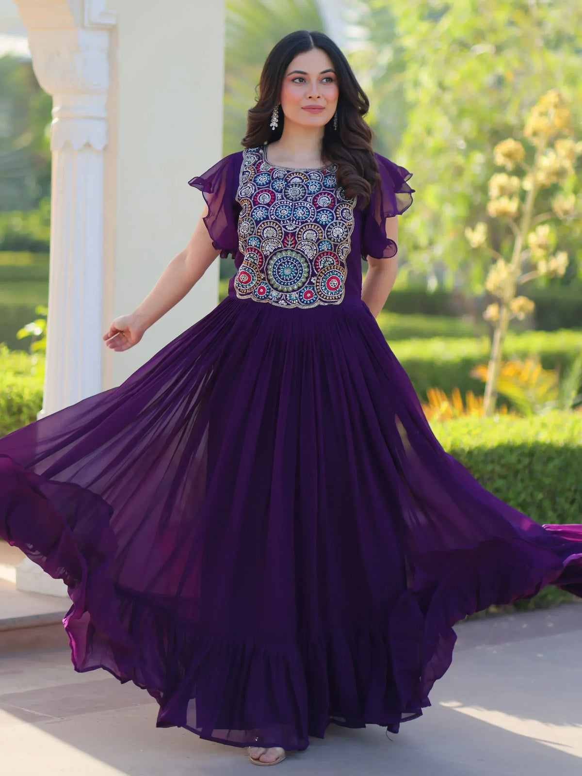 Purple ethnic gown with floral embroidery, ruffled sleeves, and pleated skirt for women