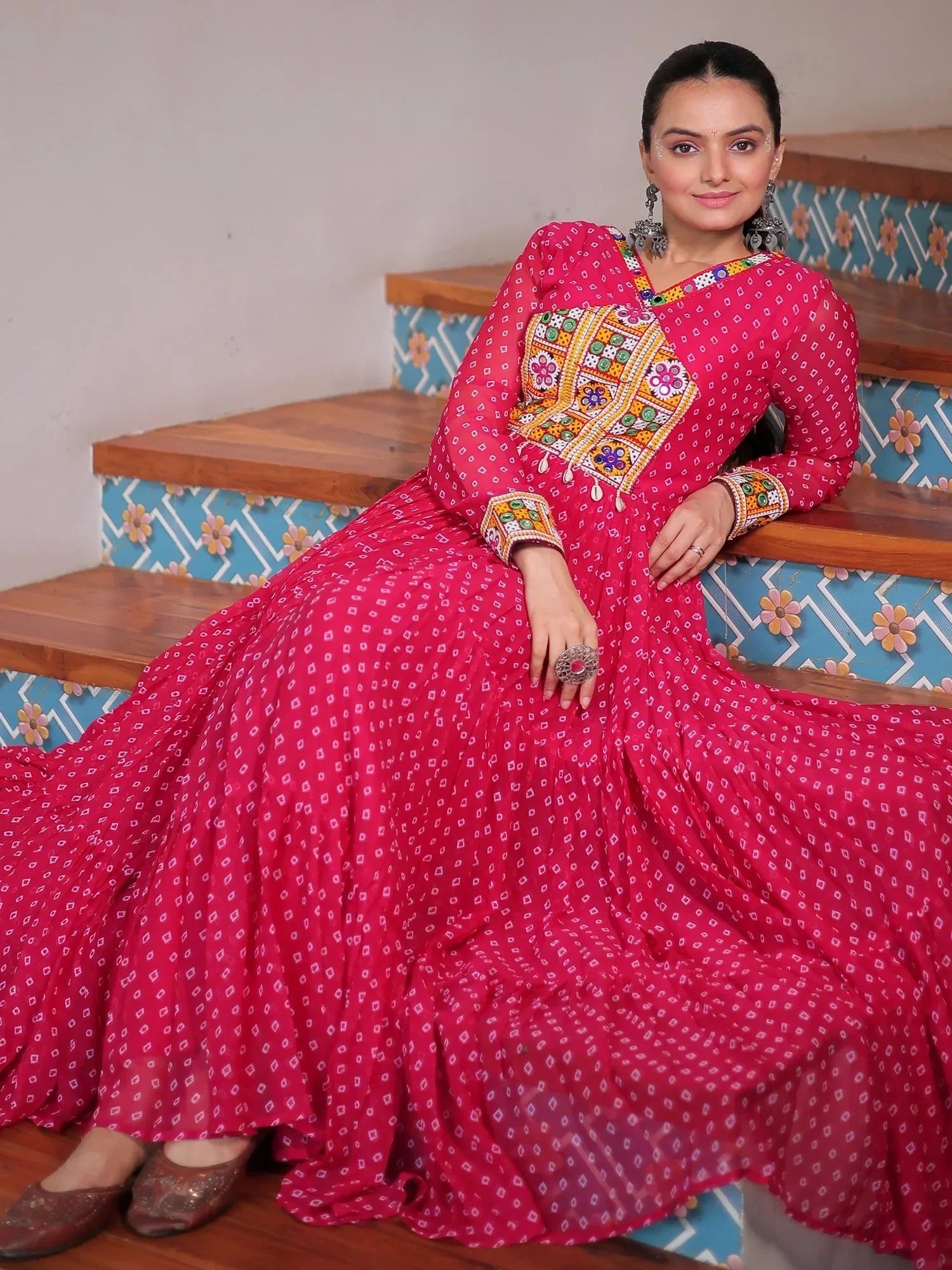 Marvelous Pink Bandhani Print Georgette Navratri Wear Gown