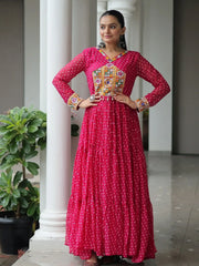 Marvelous Pink Bandhani Print Georgette Navratri Wear Gown