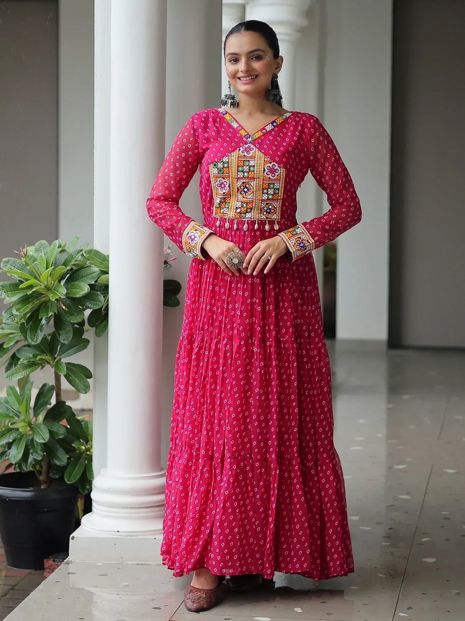 Marvelous Pink Bandhani Print Georgette Navratri Wear Gown