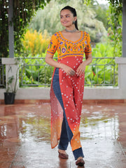 Impressive Yellow Rayon Leheriya Print Navratri Wear Nayra Cut Kurti