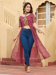 Sweet Maroon Kutchi Patch Work High Slit Navratri Wear Kurti