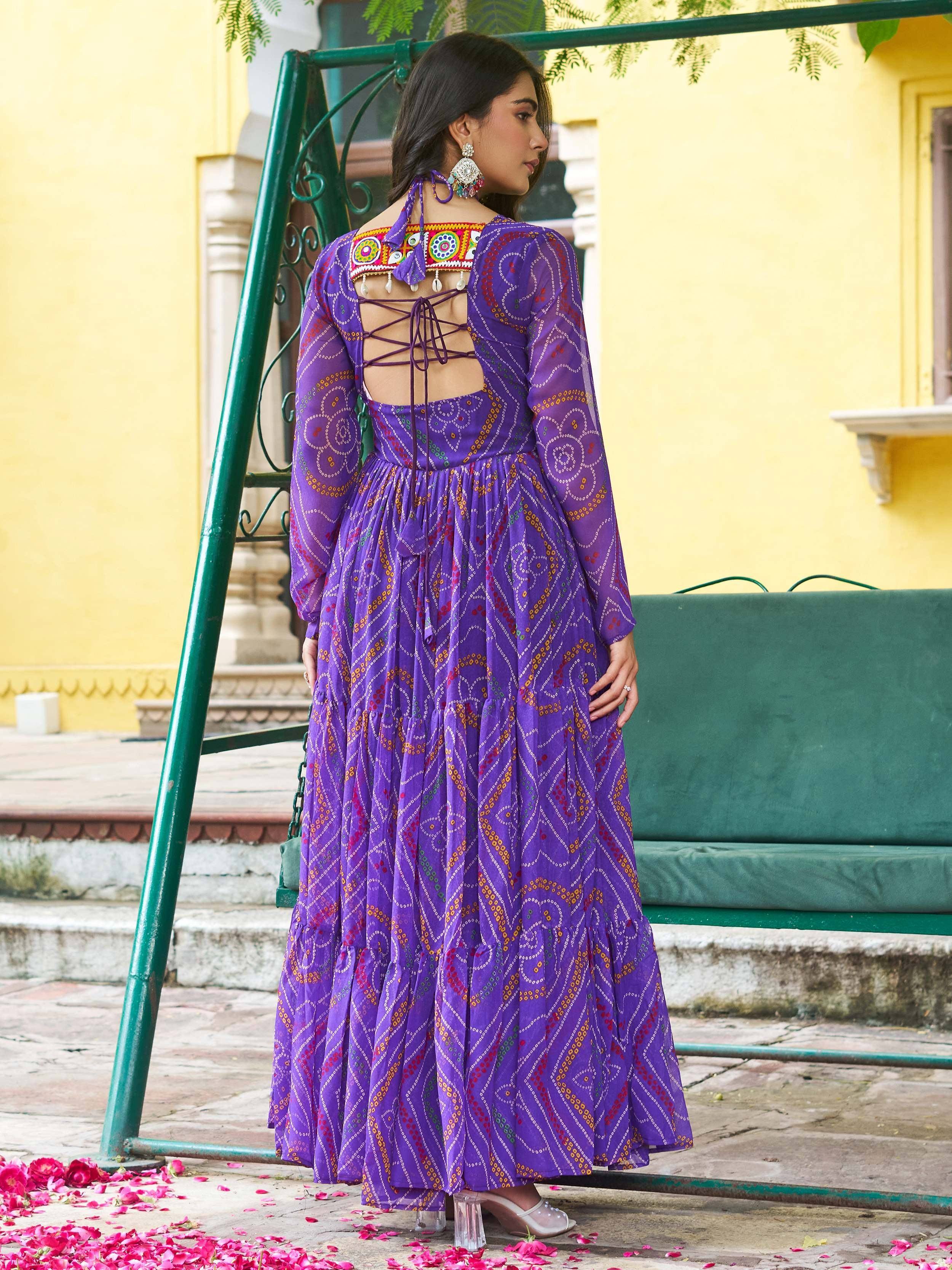 Purple ethnic gown with back lace-up and mirror work, perfect for Indian festive occasions