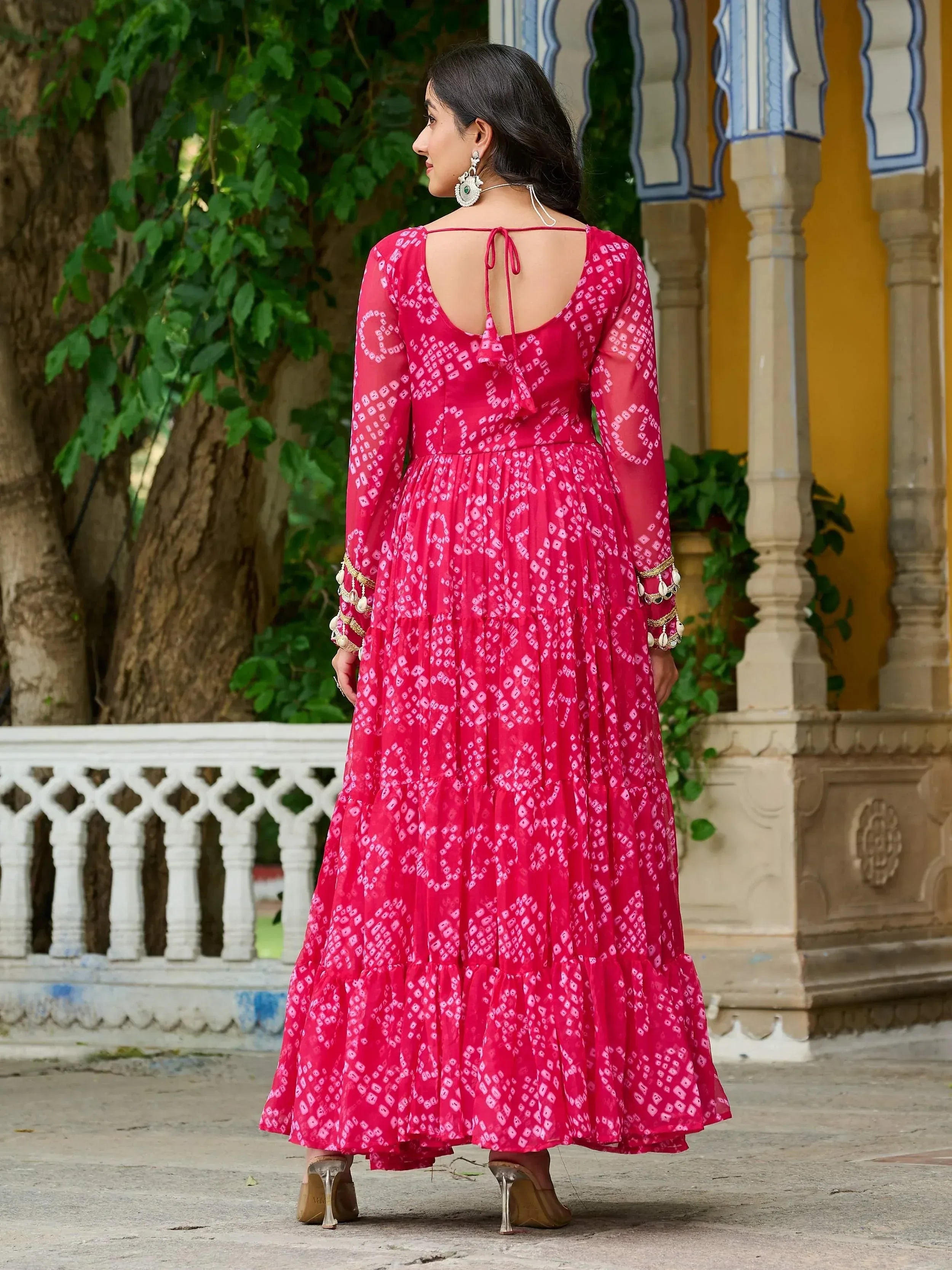 Pink printed ethnic gown with back tie detail, perfect for Indian occasions