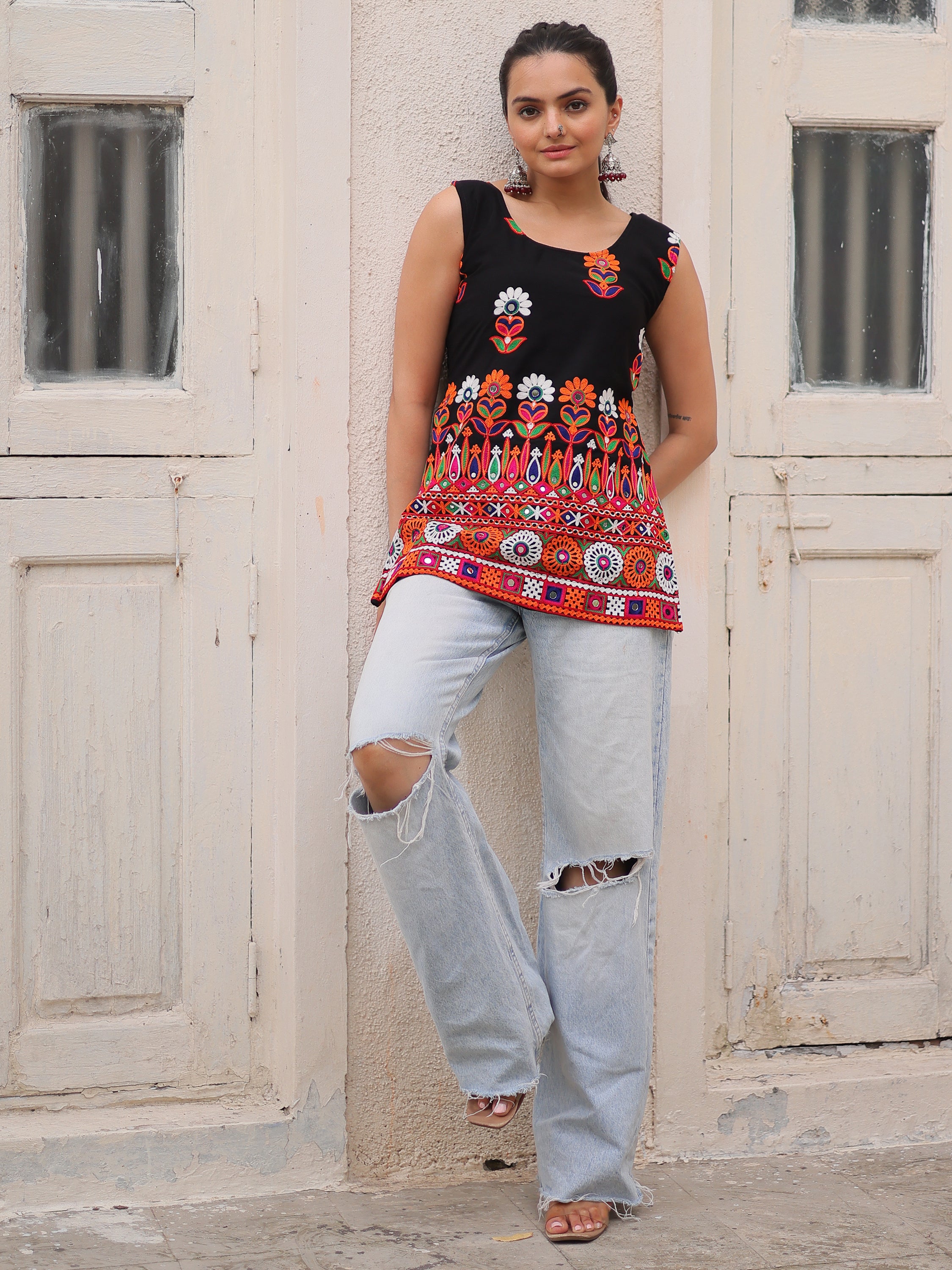 Classic Black Gamthi Work Georgette Navratri Special Top