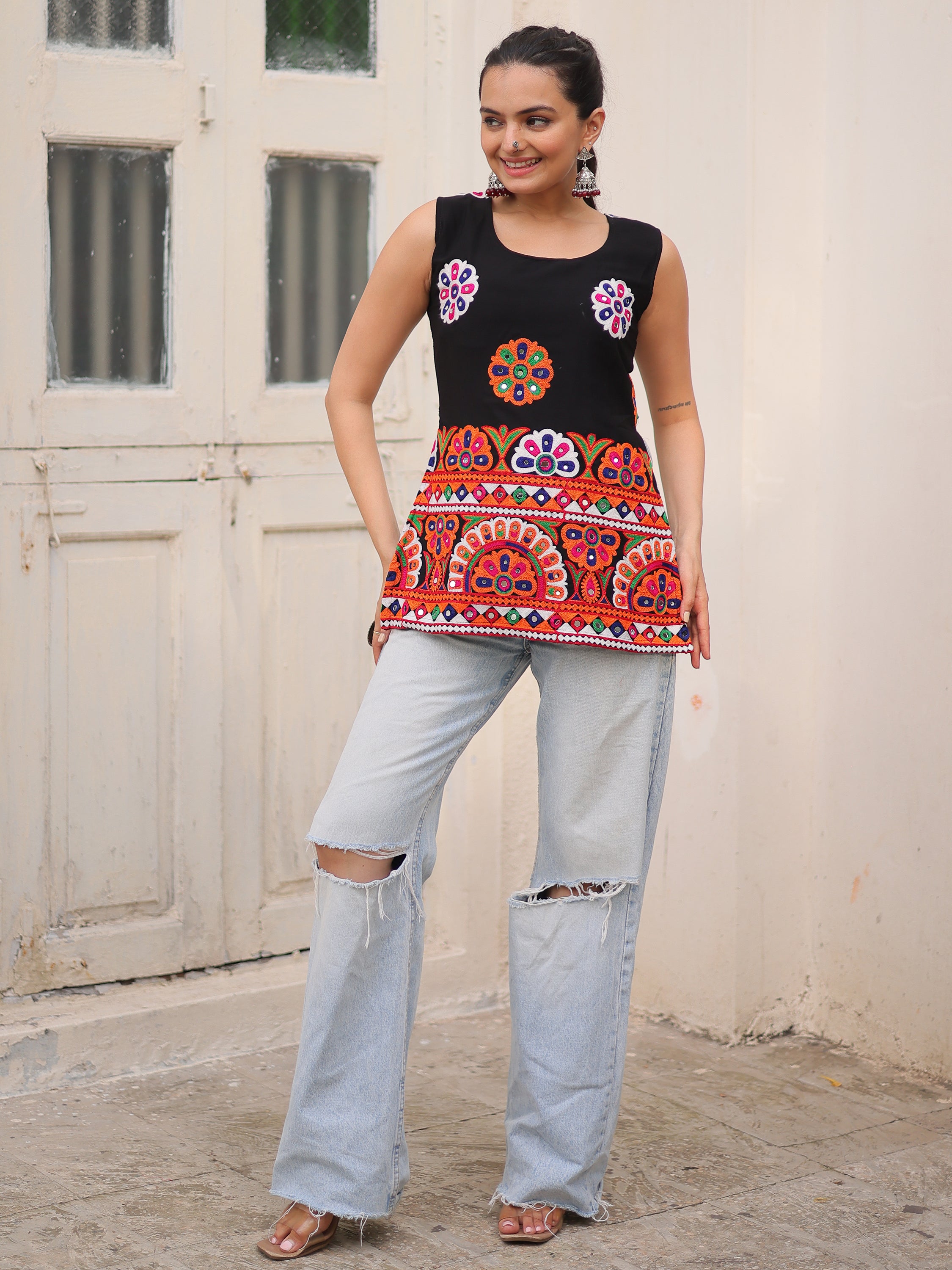 Alluring Black Kutchi Work Georgette Navratri Special Top